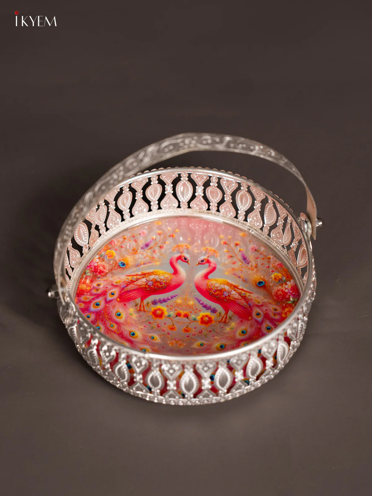 Dual Peacock Printed German Silver Tray With Handle - Pink - 6 Inch - KK06113 - Image 3