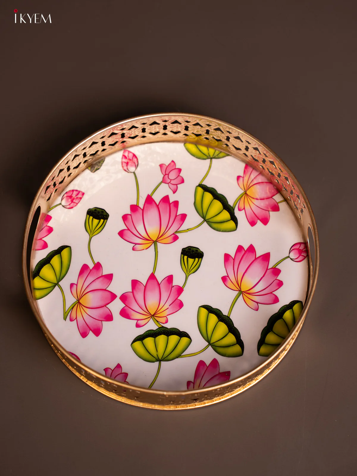Pretty Pichwai Lotus Printed Metal tray In White (8 Inches) - KE14116