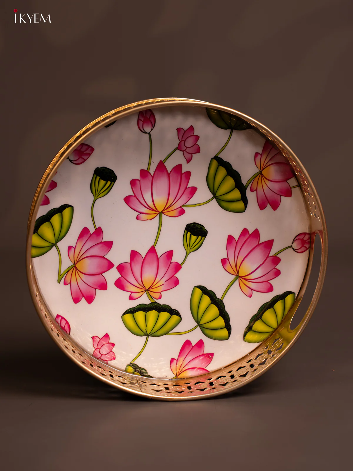 Pretty Pichwai Lotus Printed Metal tray In White (8 Inches) - KE14116 - Image 2