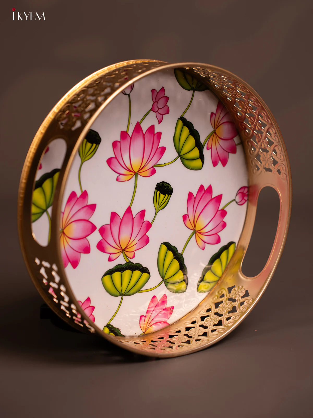 Pretty Pichwai Lotus Printed Metal tray In White (8 Inches) - KE14116 - Image 3