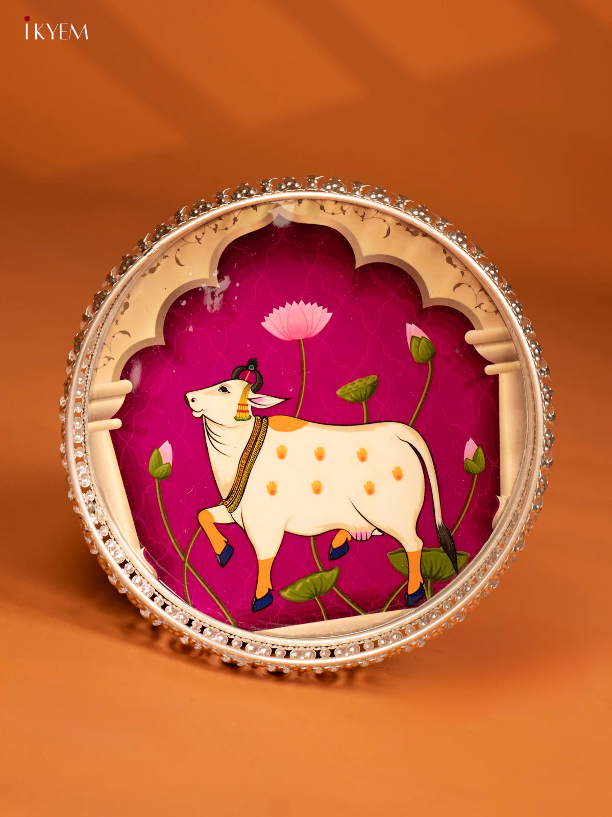 Stunning Pichwai Cow Printed German Silver Tray In Purple ( 8 Inches) - KE28143
