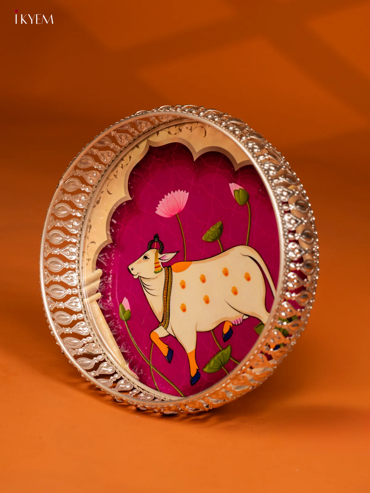 Stunning Pichwai Cow Printed German Silver Tray In Purple ( 8 Inches) - KE28143 - Image 2