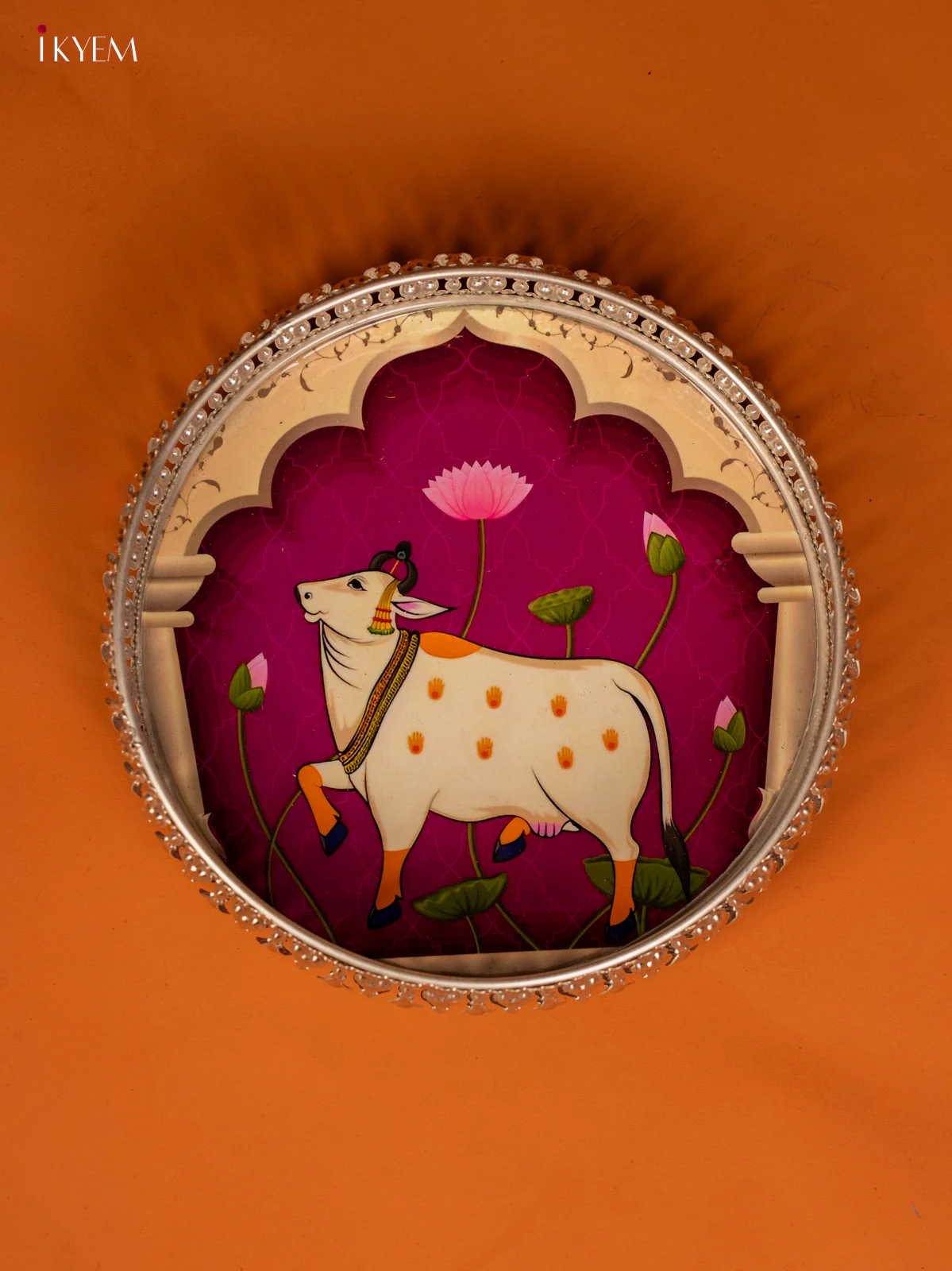 Stunning Pichwai Cow Printed German Silver Tray In Purple ( 8 Inches) - KE28143 - Image 3