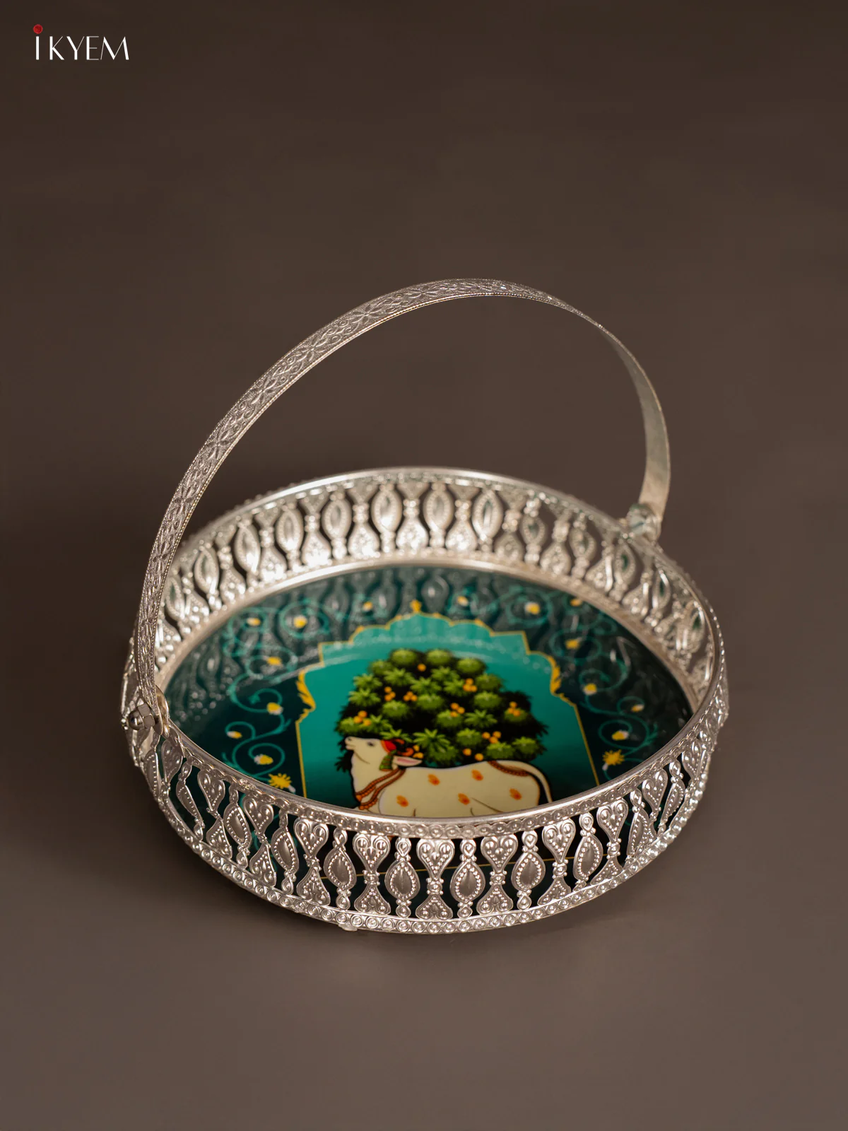 Elegant Pichwai Cow Printed Teal German Silver Tray With Handle (8 Inches) - KK06122