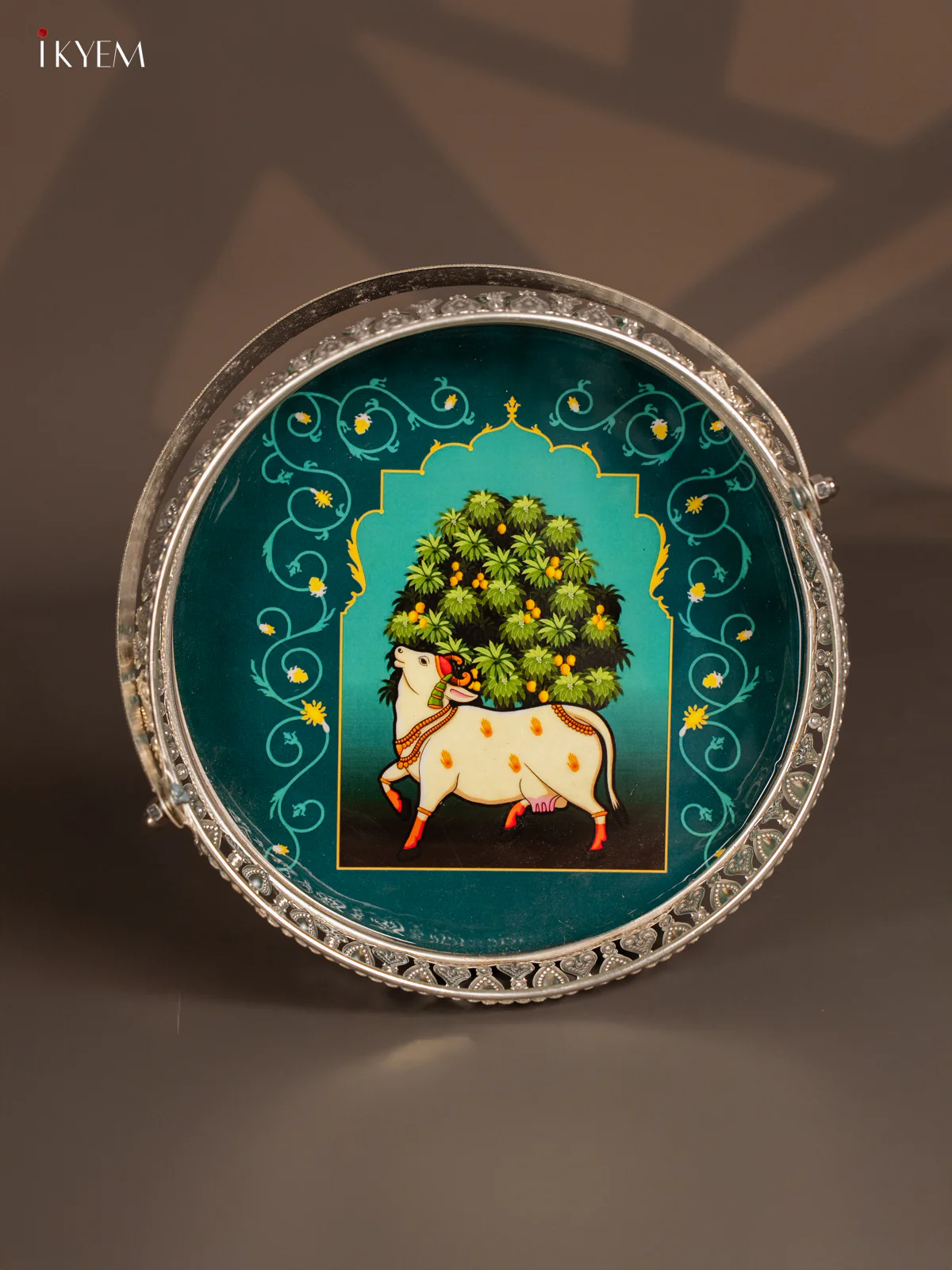 Elegant Pichwai Cow Printed Teal German Silver Tray With Handle (8 Inches) - KK06122 - Image 2