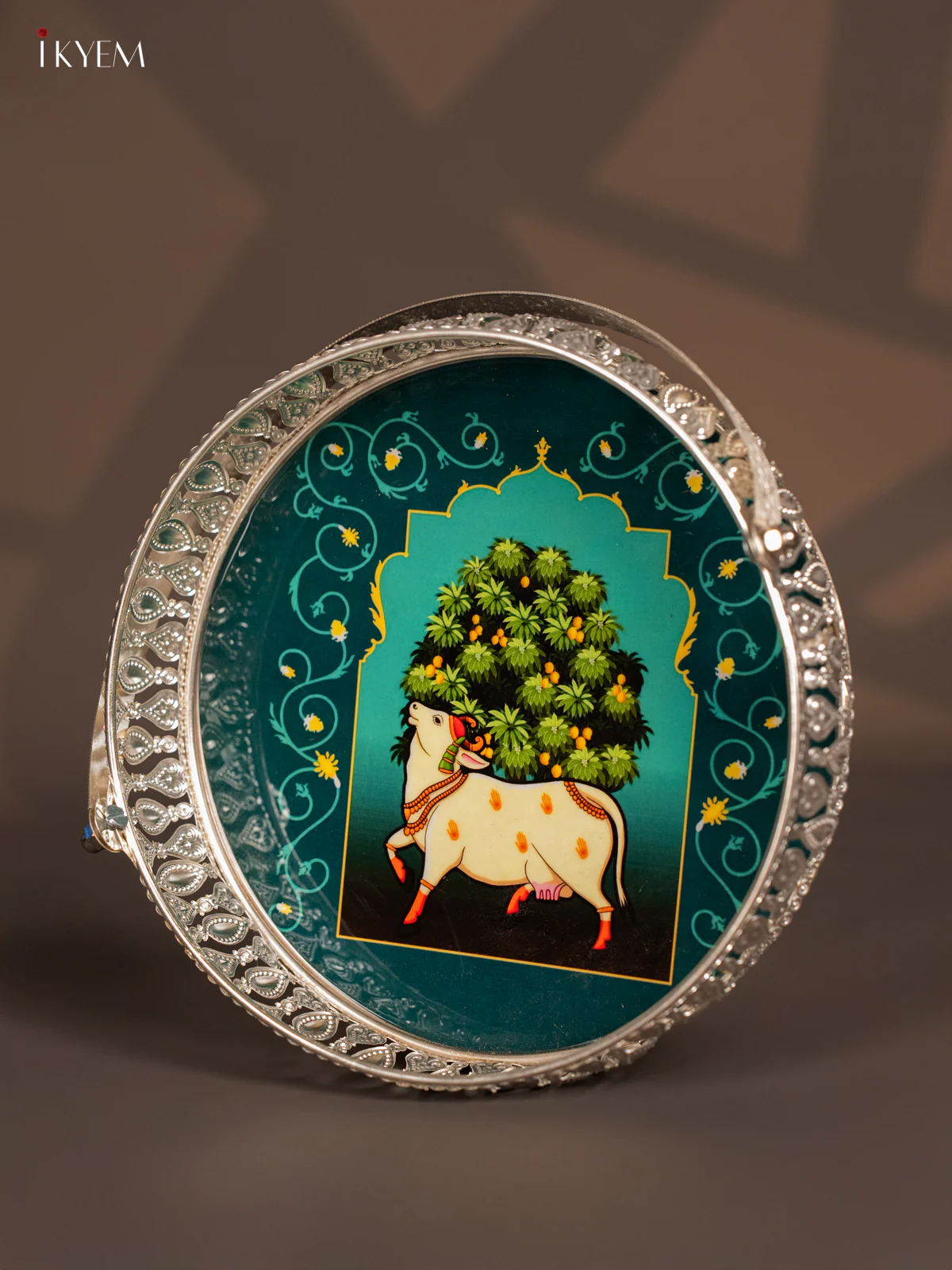 Elegant Pichwai Cow Printed Teal German Silver Tray With Handle (8 Inches) - KK06122 - Image 3
