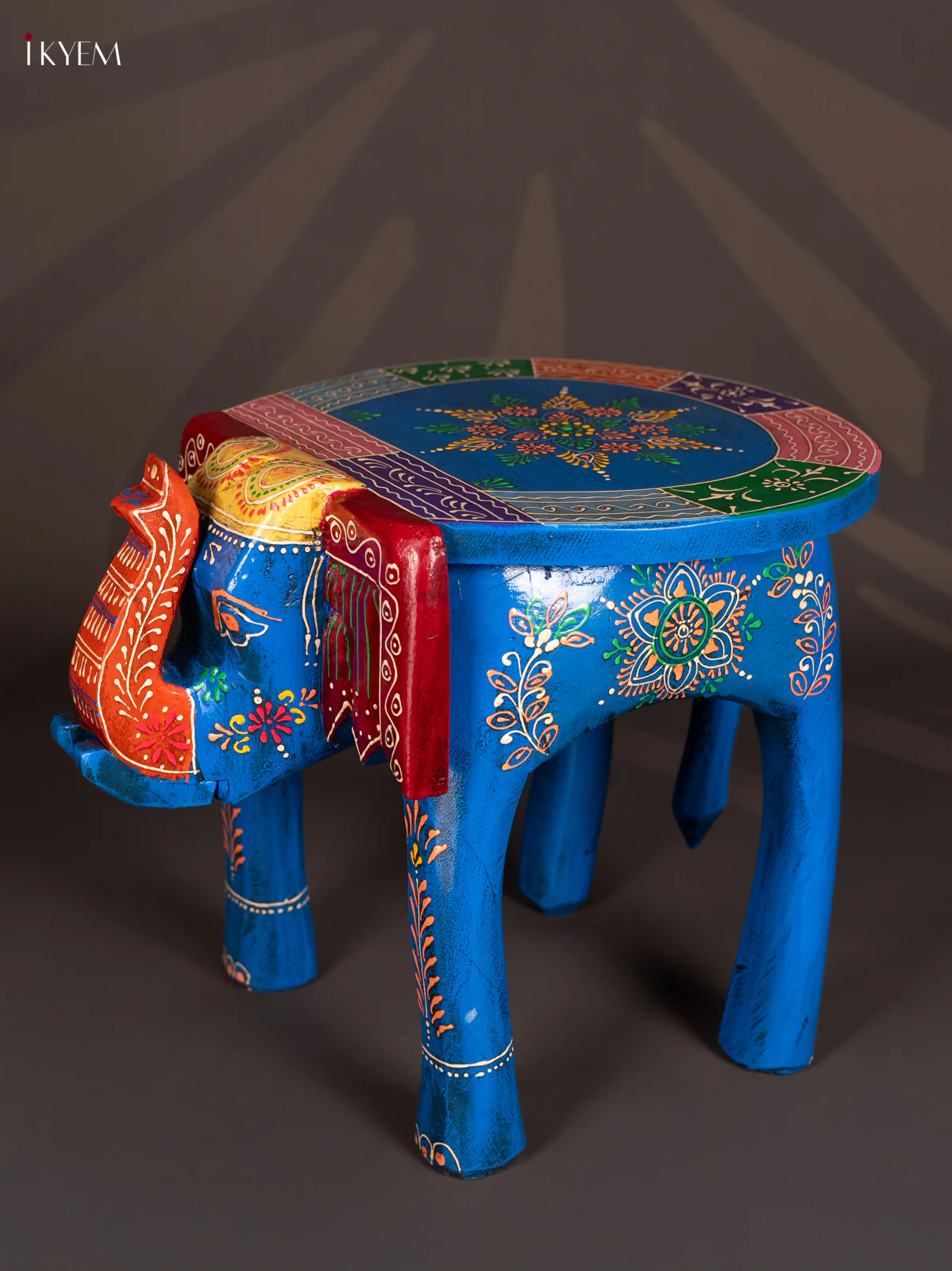 HandPainted Wooden Elephant Stool - 12 Inch - Dark Blue with Yellow - AA02172 - Image 3
