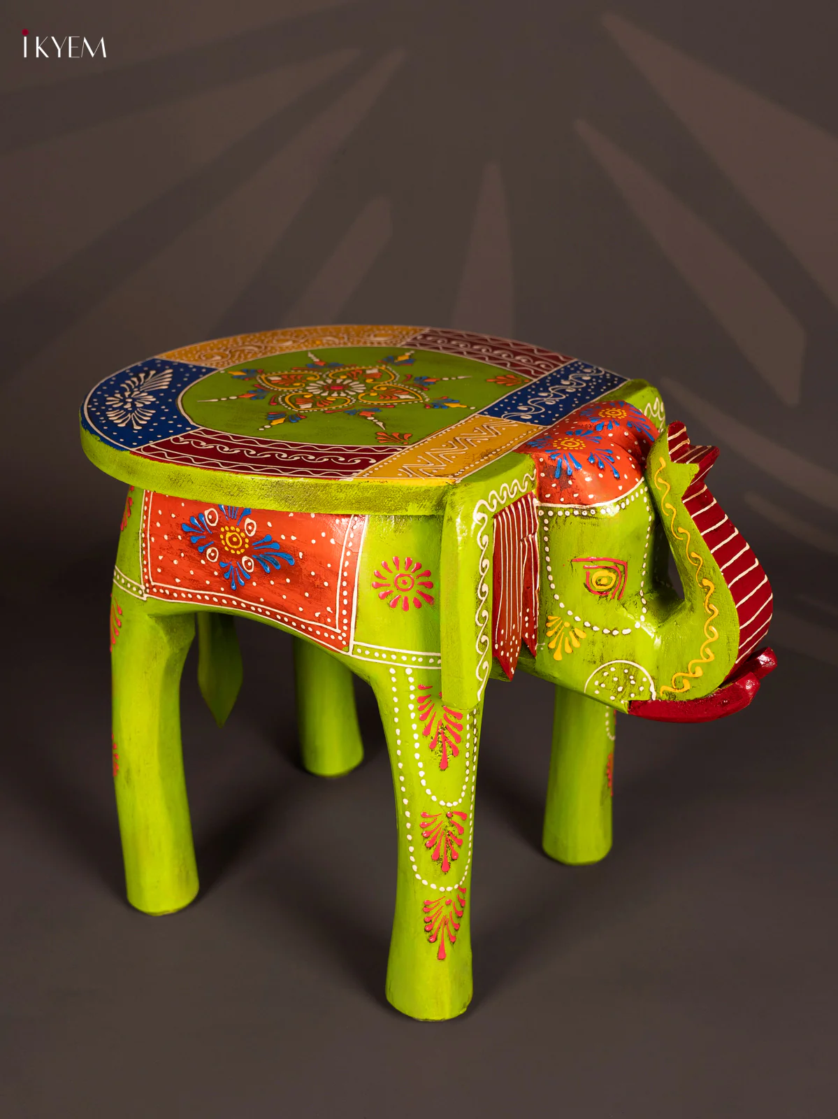HandPainted Wooden Elephant Stool - 12 Inch - Parrt Green - Image 3