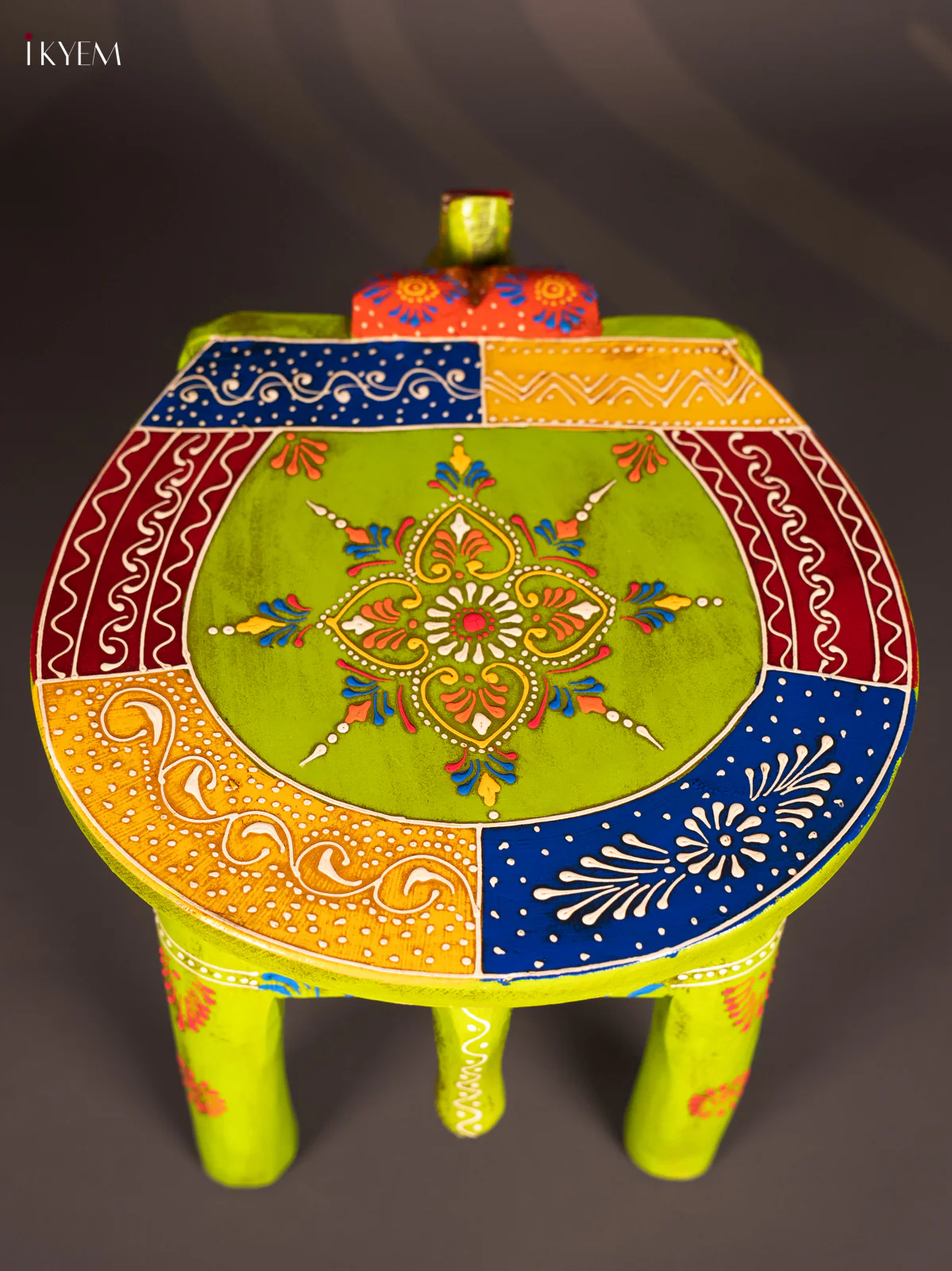 HandPainted Wooden Elephant Stool - 12 Inch - Parrt Green - Image 4