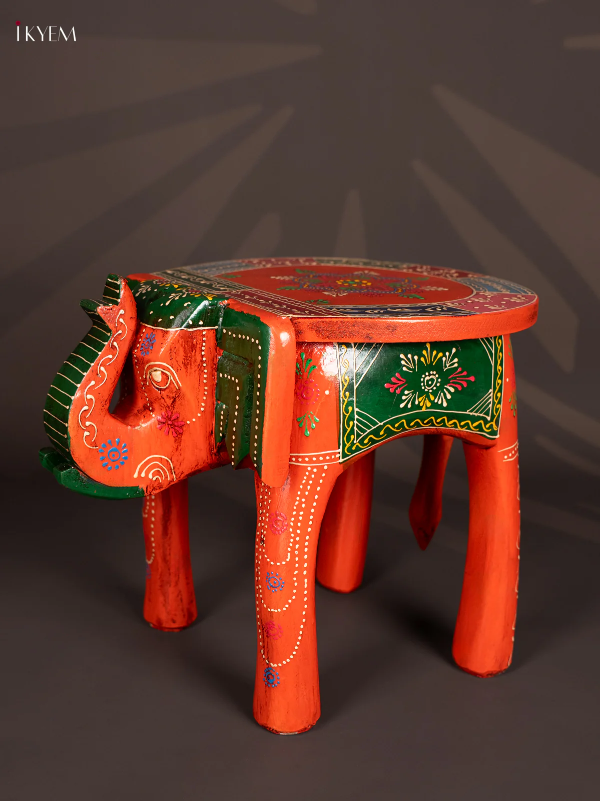 HandPainted Wooden Elephant Stool - 12 Inch - Orange - AA02174 - Image 3