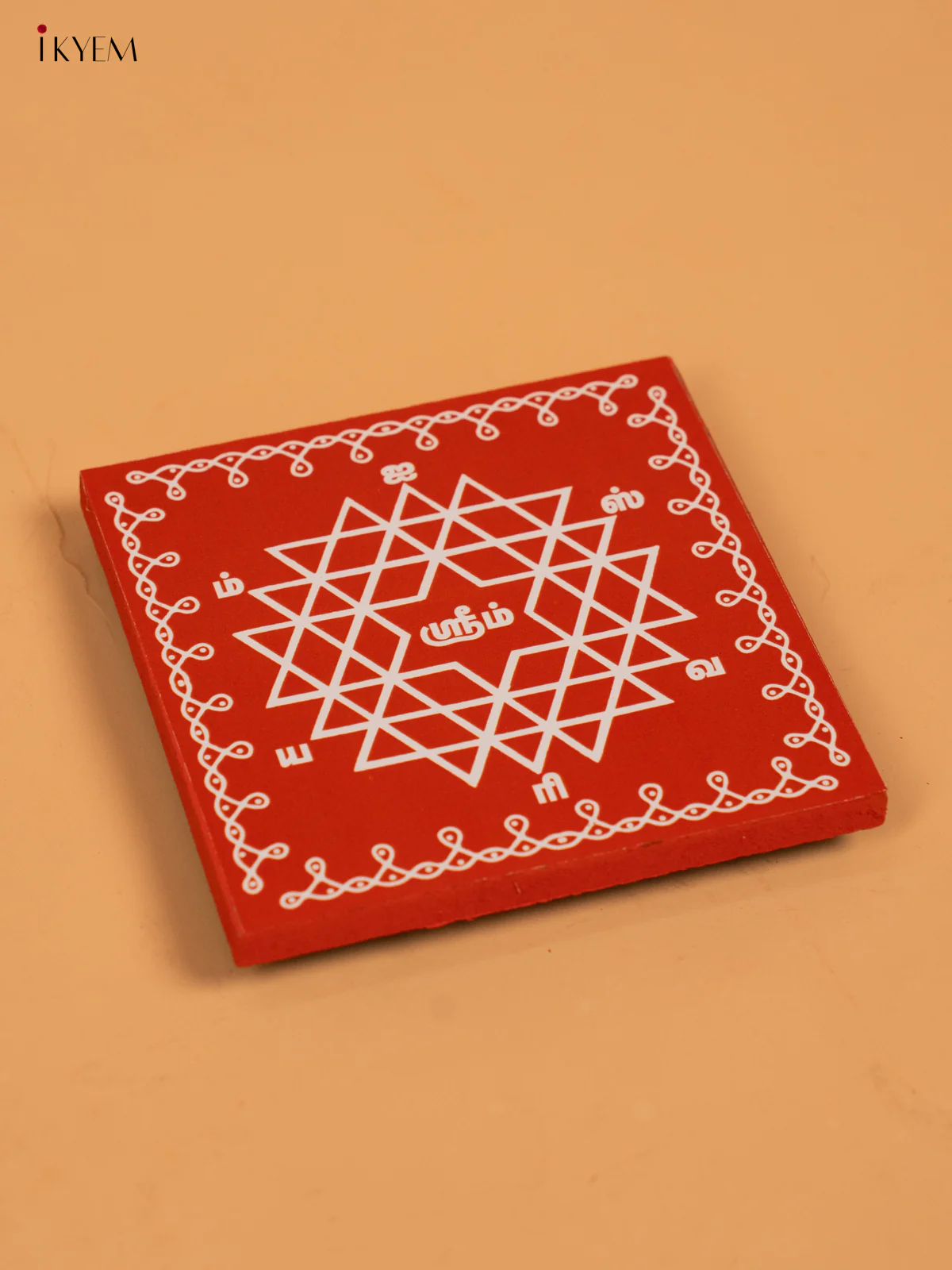Square Shaped Wooden Manai With Aishwarya Kolam Print - KA30114