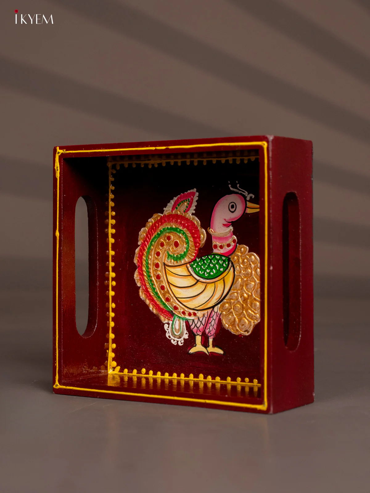 Annapakshi Hand-Painted Wooden Tray - Marron - (6x6) Inch - KH08114 - Image 3