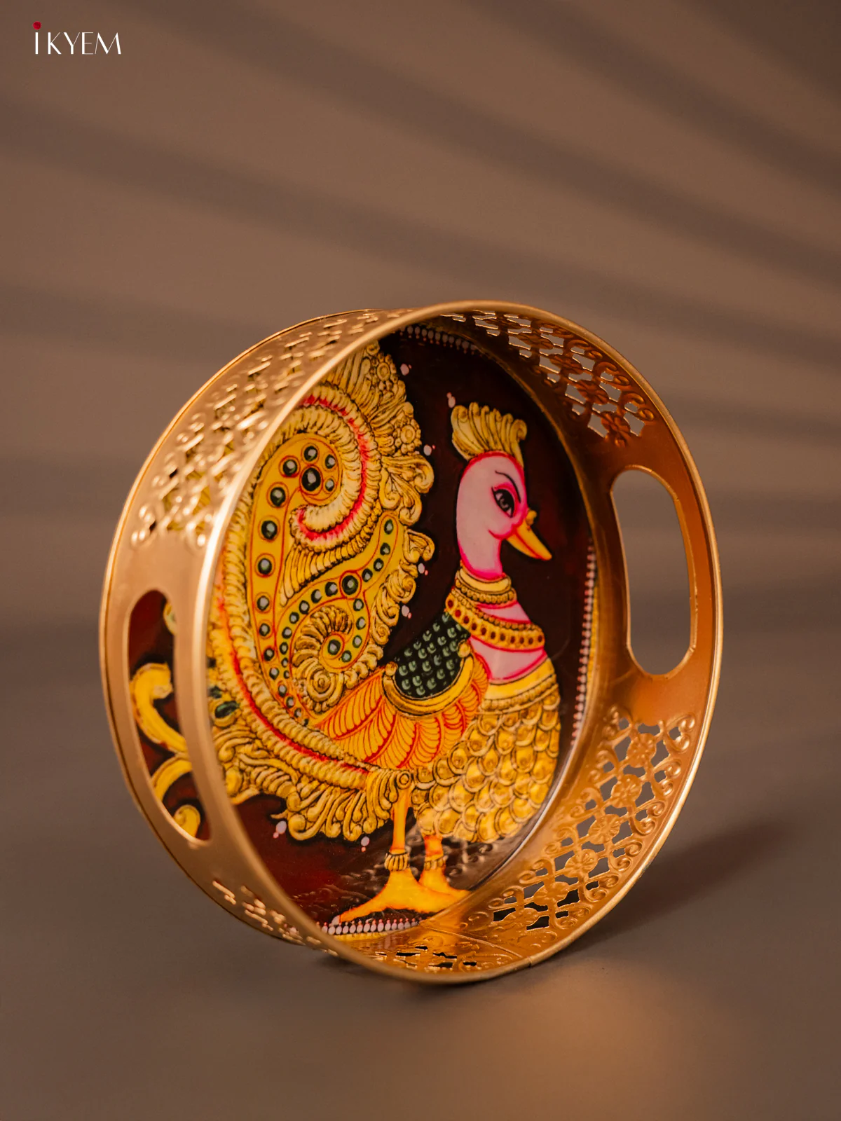 Auspicious Gold Annapakshi Printed Round Metal Tray in Maroon - KH05114 - Image 2