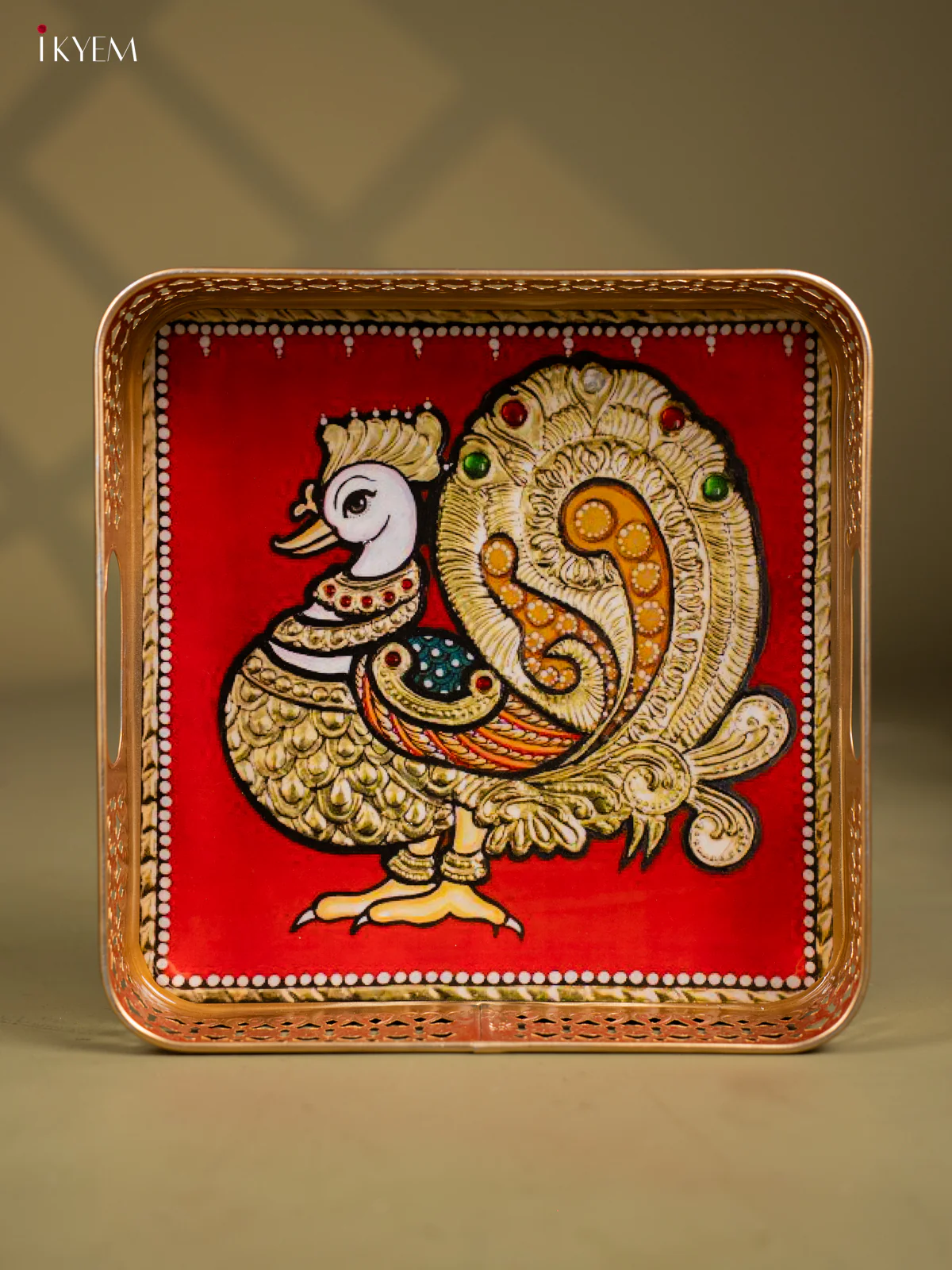 Annapakshi Printed Red Colour Square Metal Tray - KF25133