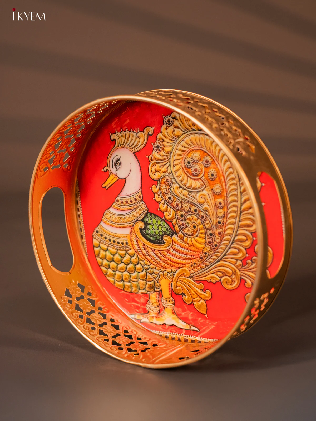 Beautiful Gold Annapakshi Printed Round Metal Tray in Red - KH05115 - Image 2