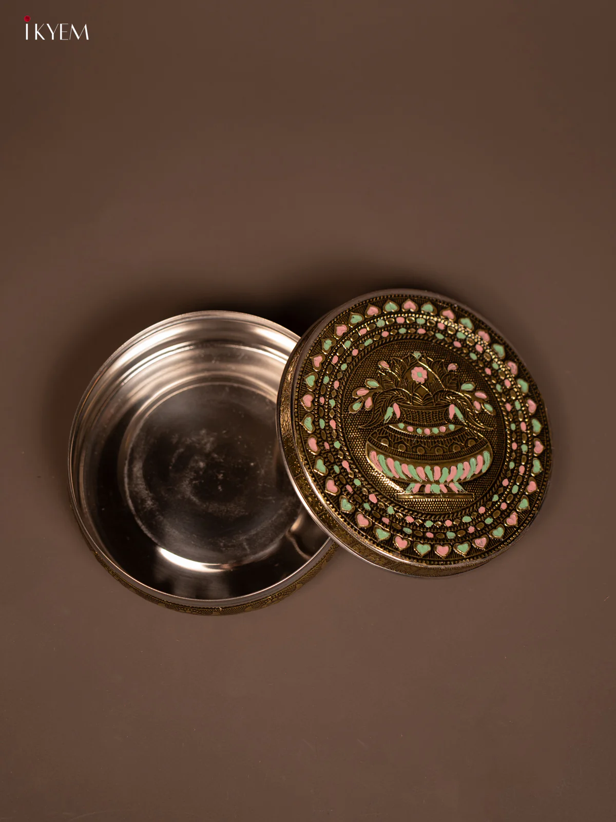Antique Meenakari kalasam Printed Round Dabba - KF06119 - Image 3