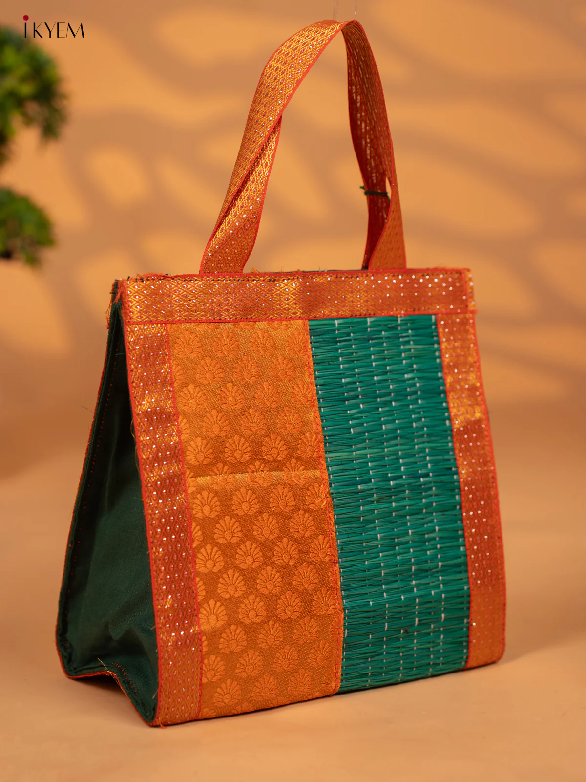 Green & Orange Raw Silk Korai Handbag with Zari Trim - KB17169 - Image 2