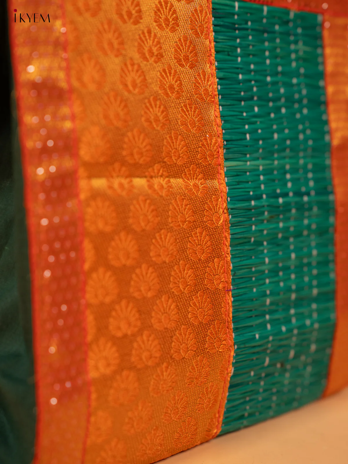 Green & Orange Raw Silk Korai Handbag with Zari Trim - KB17169 - Image 3