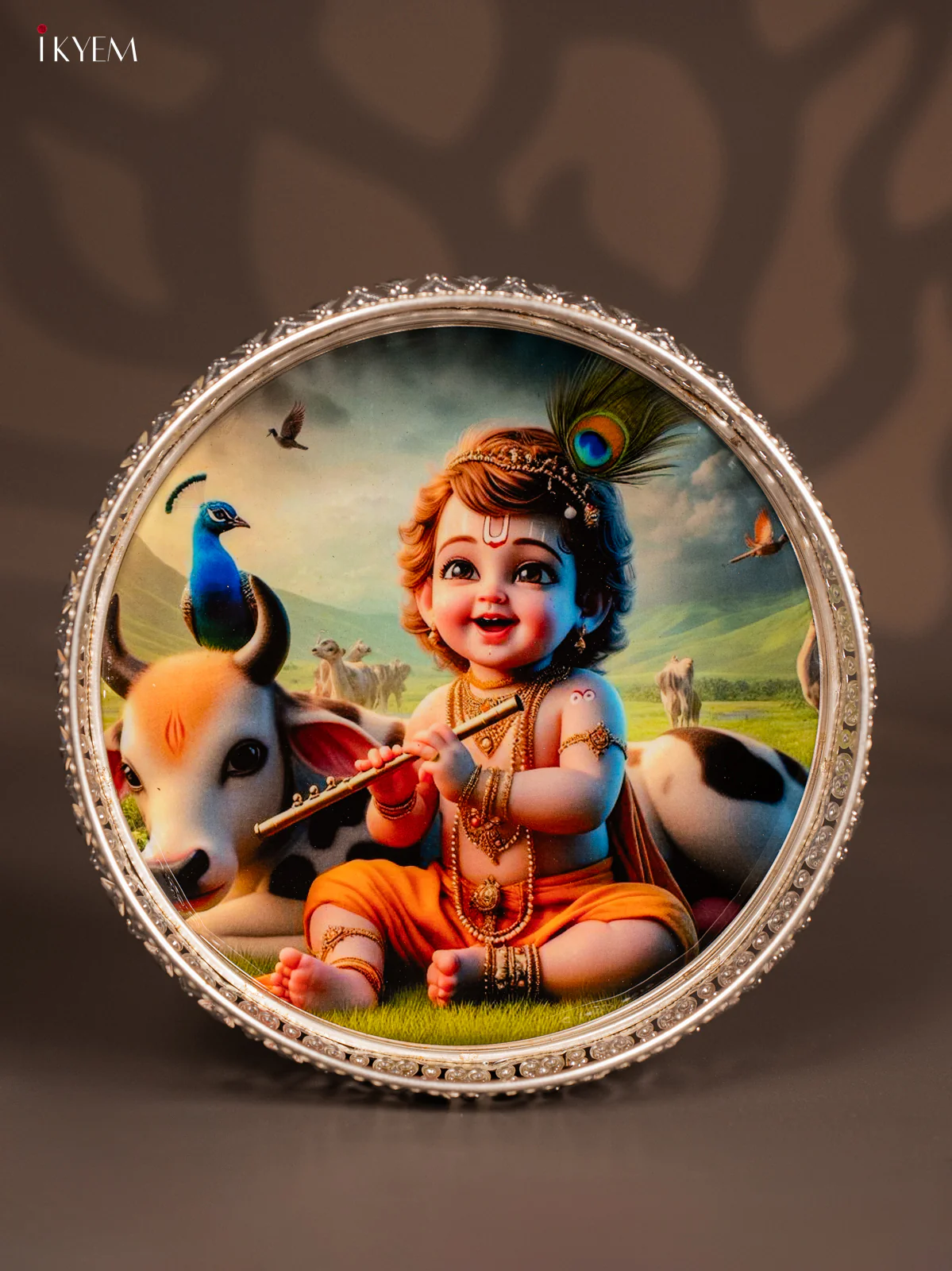 Pretty Baby Krishna with Cow Printed German Silver Tray (8 Inch) - KI10125