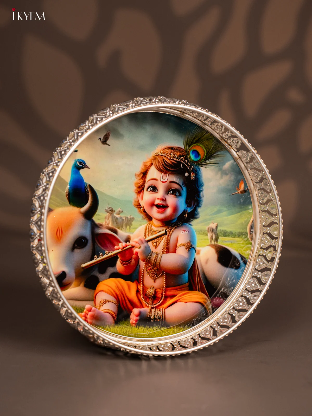 Pretty Baby Krishna with Cow Printed German Silver Tray (8 Inch) - KI10125 - Image 2