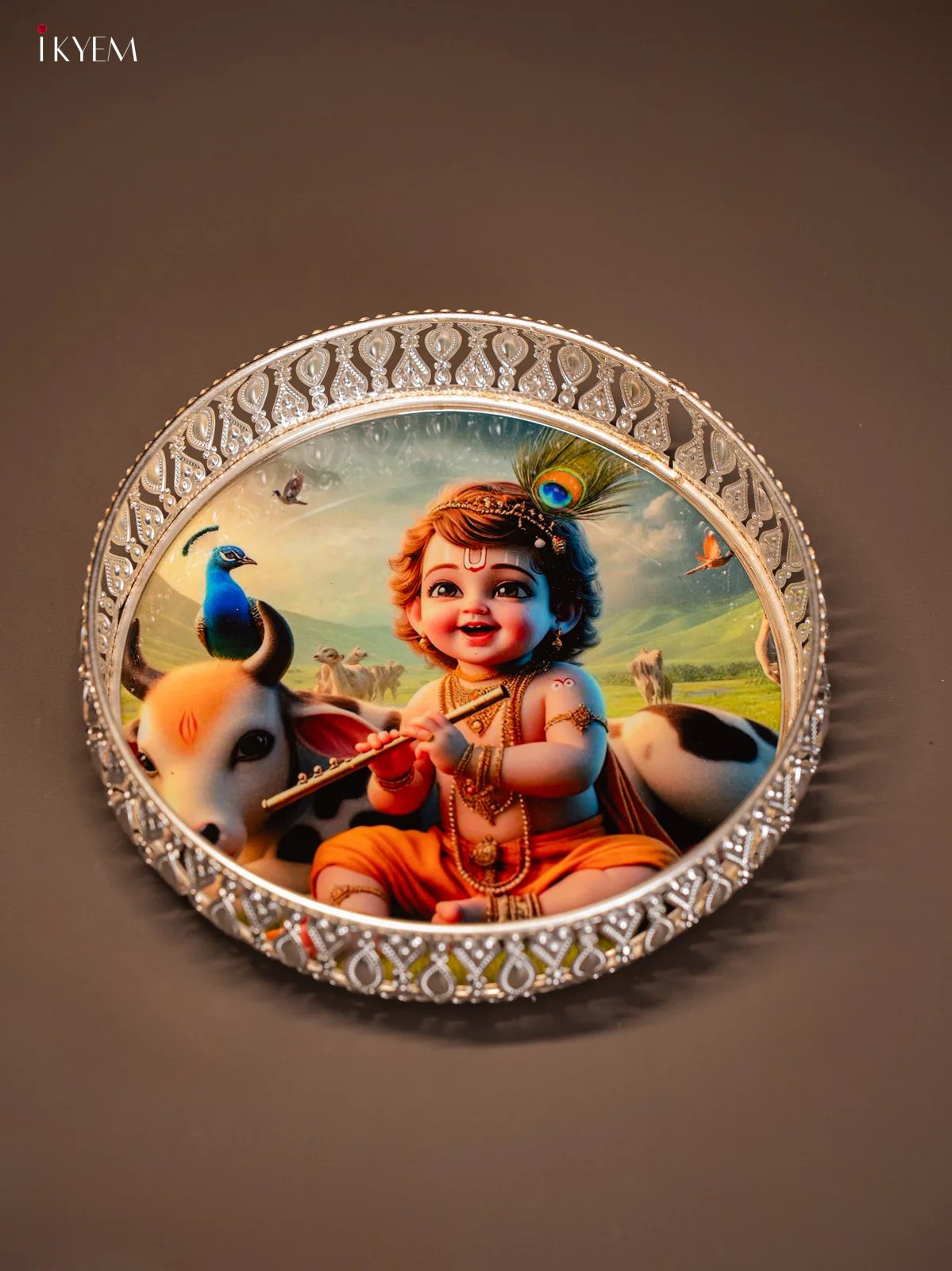 Pretty Baby Krishna with Cow Printed German Silver Tray (8 Inch) - KI10125 - Image 3