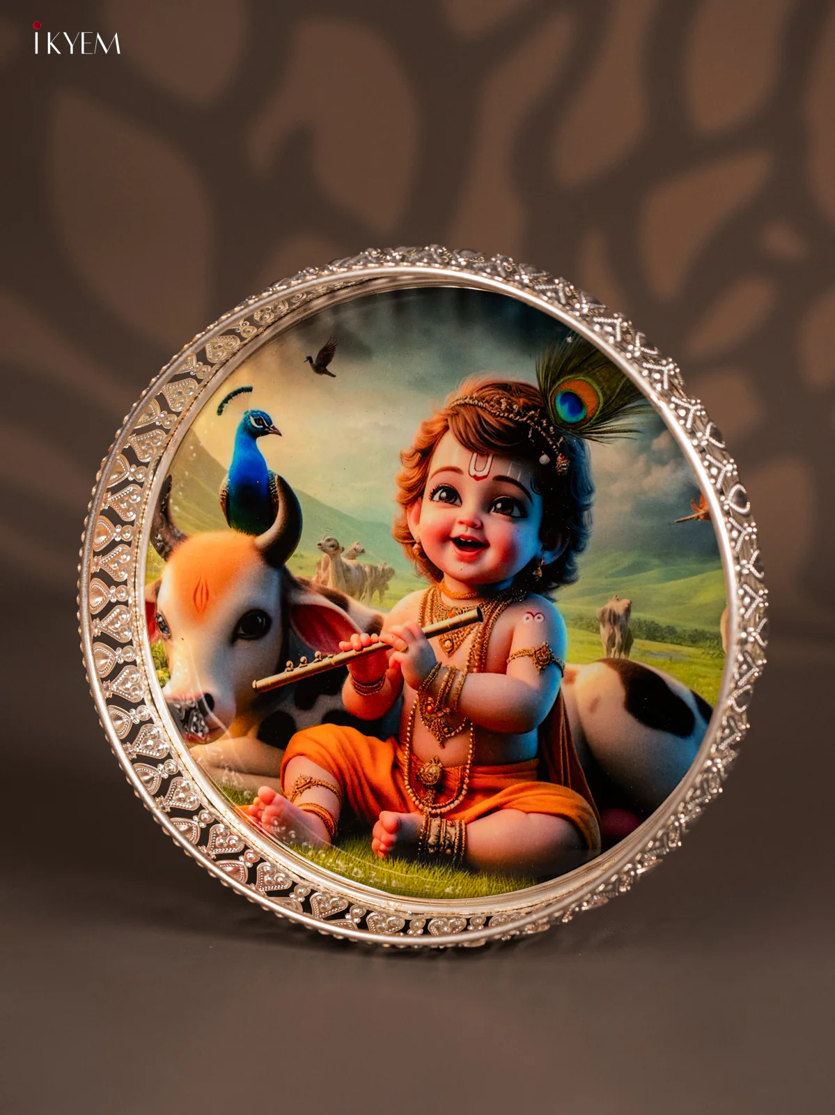 Pretty Baby Krishna with Cow Printed German Silver Tray (8 Inch) - KI10125 - Image 4