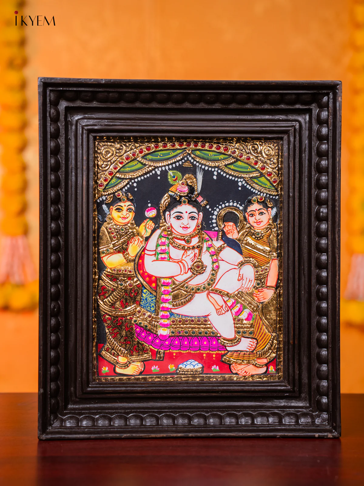 Cute Tanjore painting Of Krishna Seated In His Throne With 2 Gopikas (13*11 inches) - KJ03151