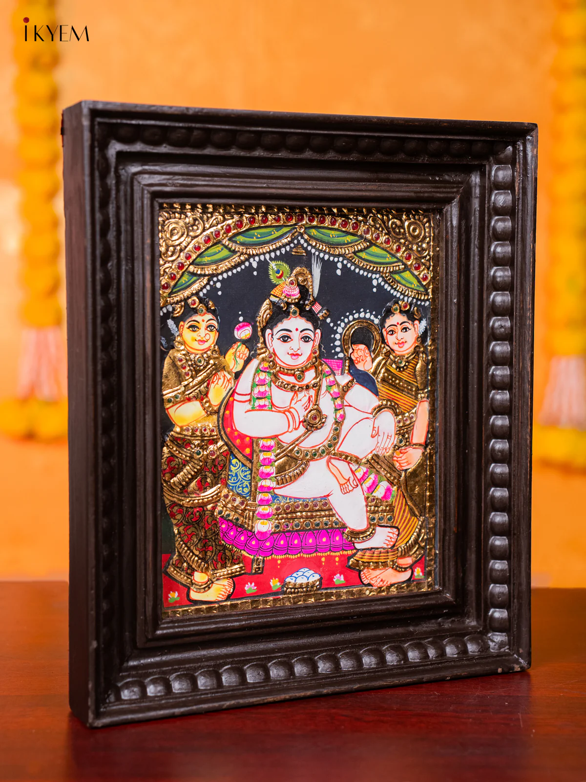 Cute Tanjore painting Of Krishna Seated In His Throne With 2 Gopikas (13*11 inches) - KJ03151 - Image 4