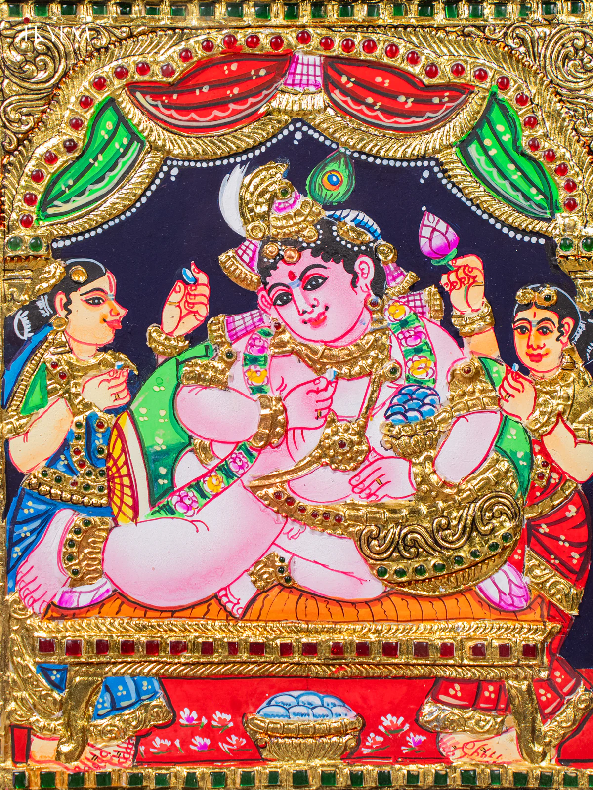Baby Krishna with Gopikas Tanjore Painting - (15×13) Inch - KJ03200 - Image 3