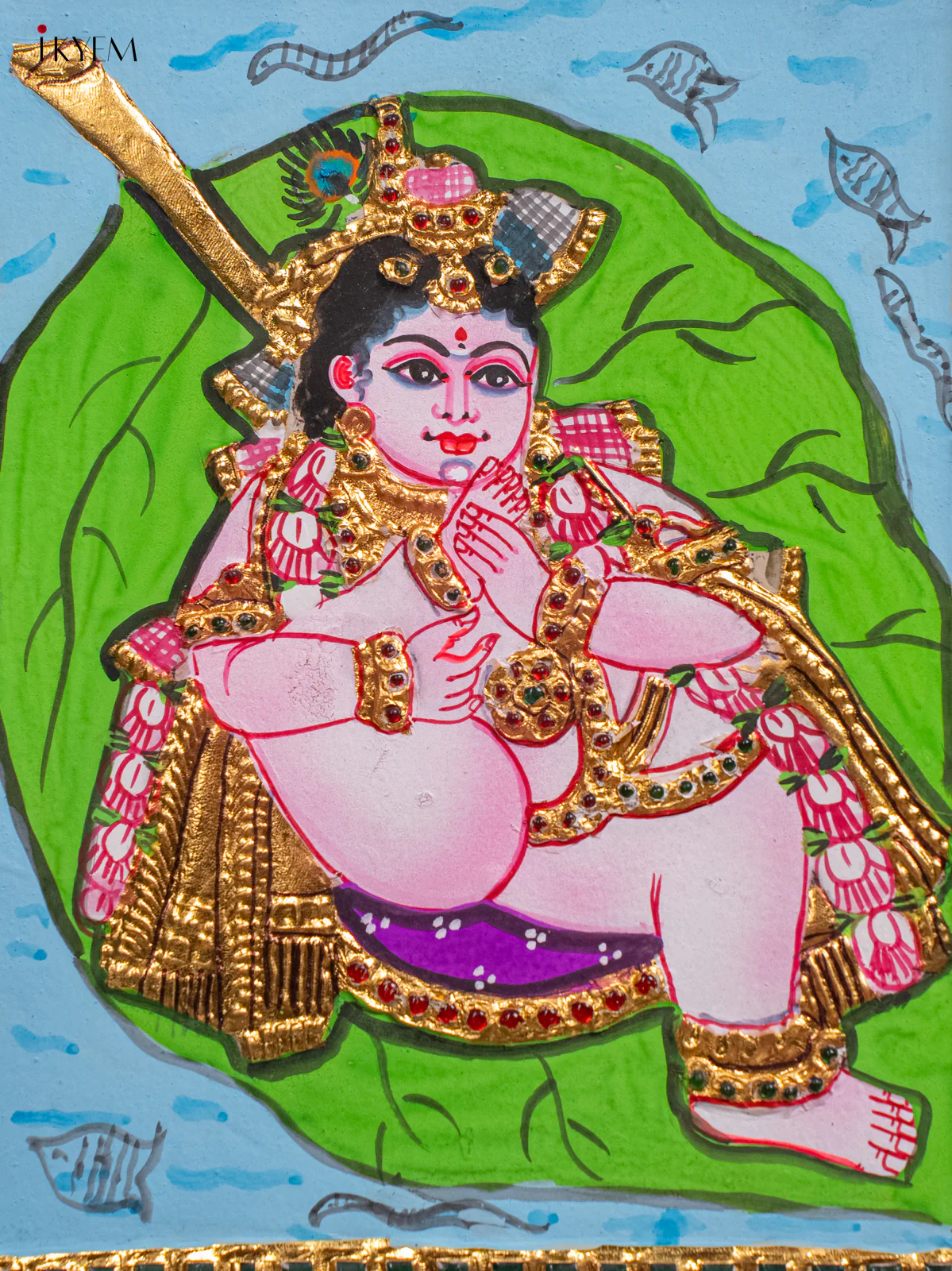 Lord Bala Gopal on Banyan Leaf Tanjore painting - (13x11) Inch - KH26149 - Image 3