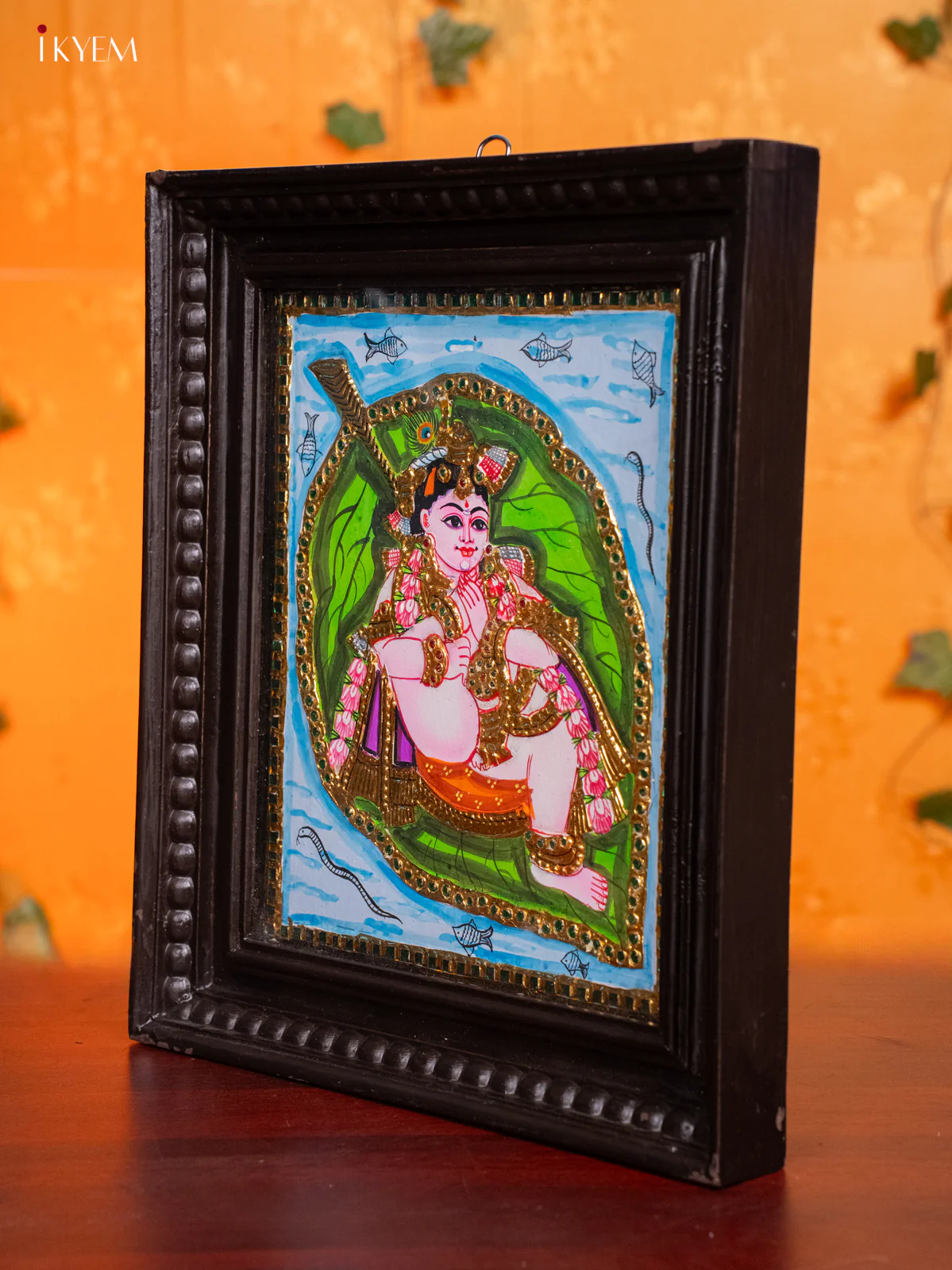Bala Gopal on Banyan Leaf Tanjore painting - (13x15) Inch - KH26165 - Image 4