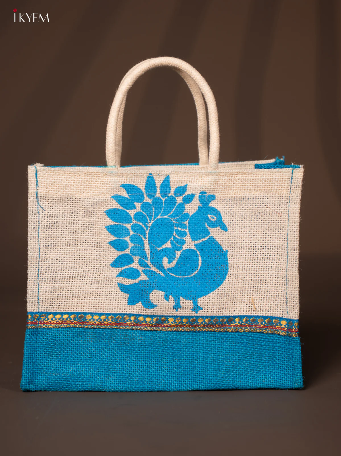 Peacock Printed Blue Jute Gift Bags with Zari Strip & Rope Handles - KD04127