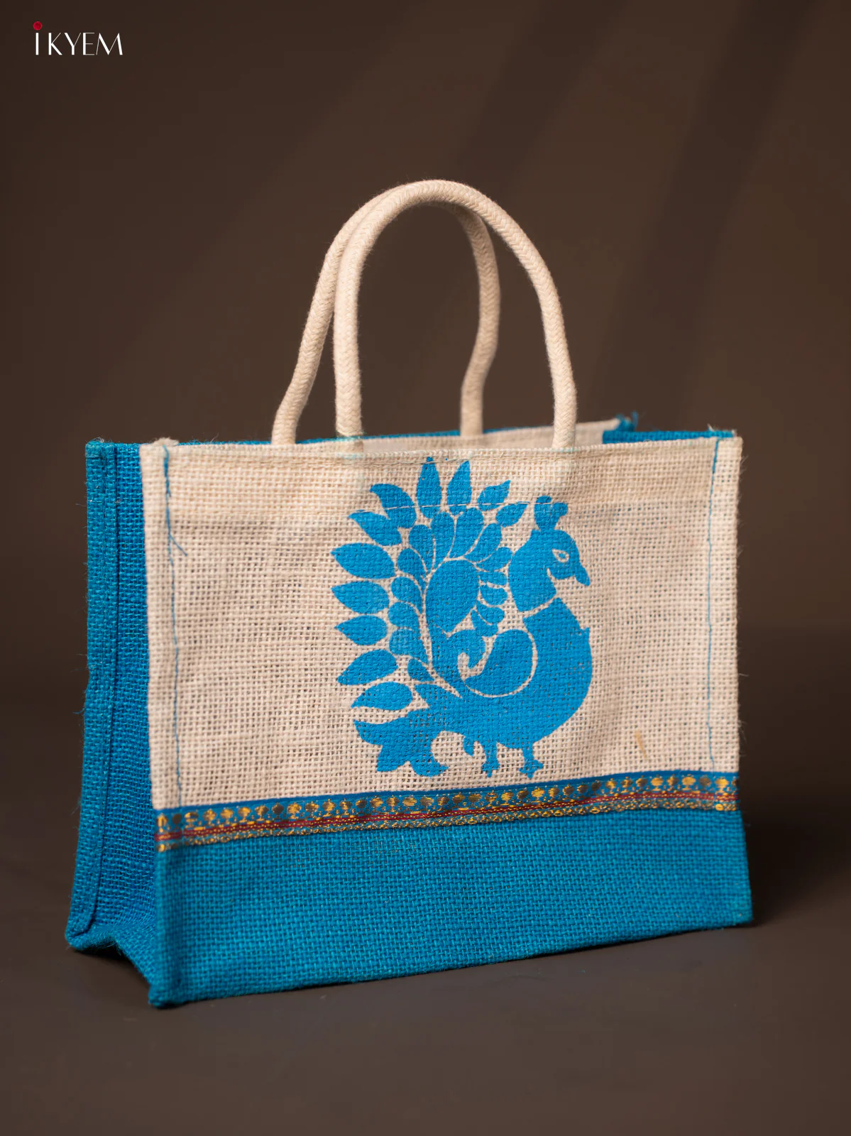 Peacock Printed Blue Jute Gift Bags with Zari Strip & Rope Handles - KD04127 - Image 2