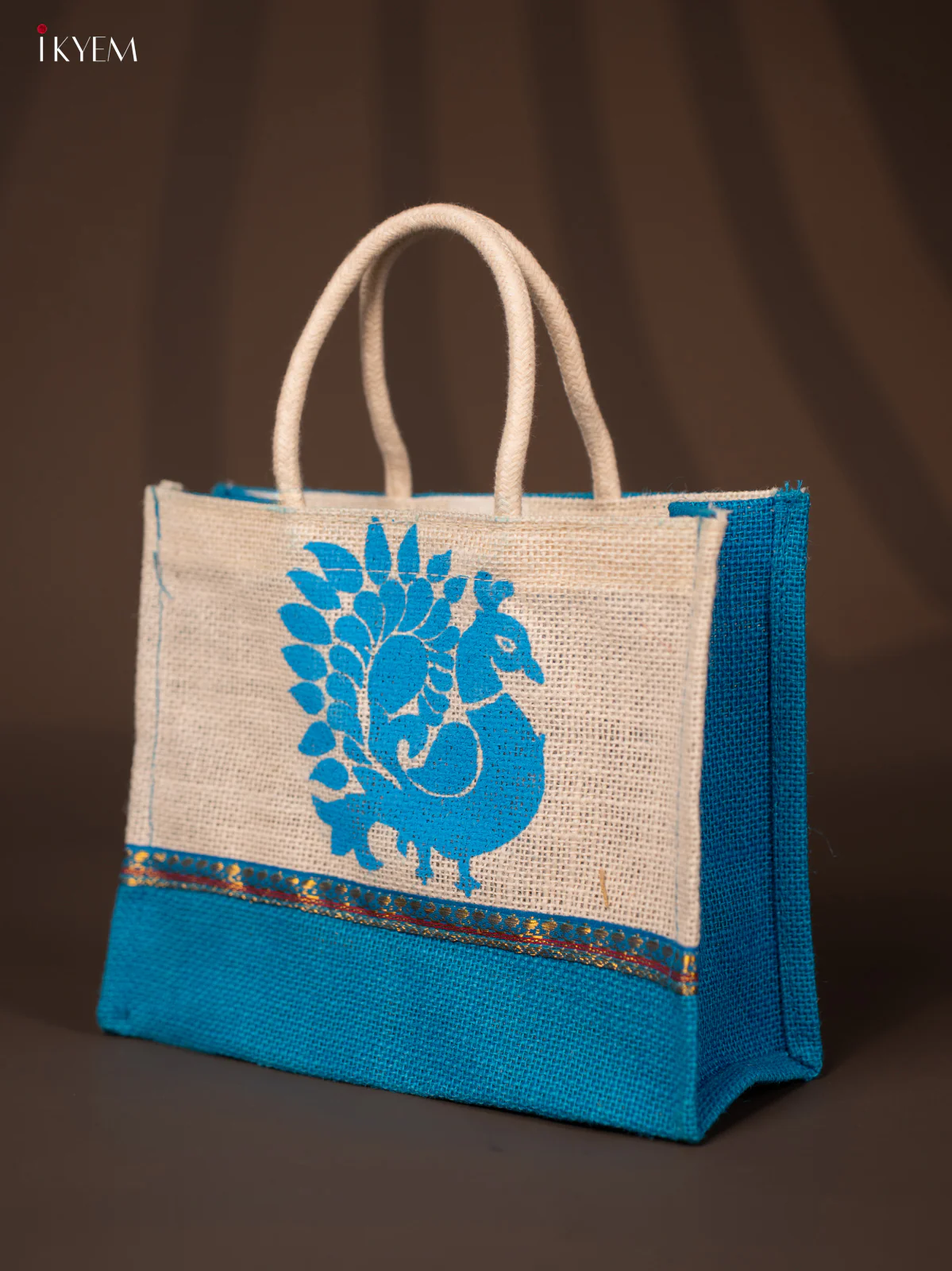 Peacock Printed Blue Jute Gift Bags with Zari Strip & Rope Handles - KD04127 - Image 3