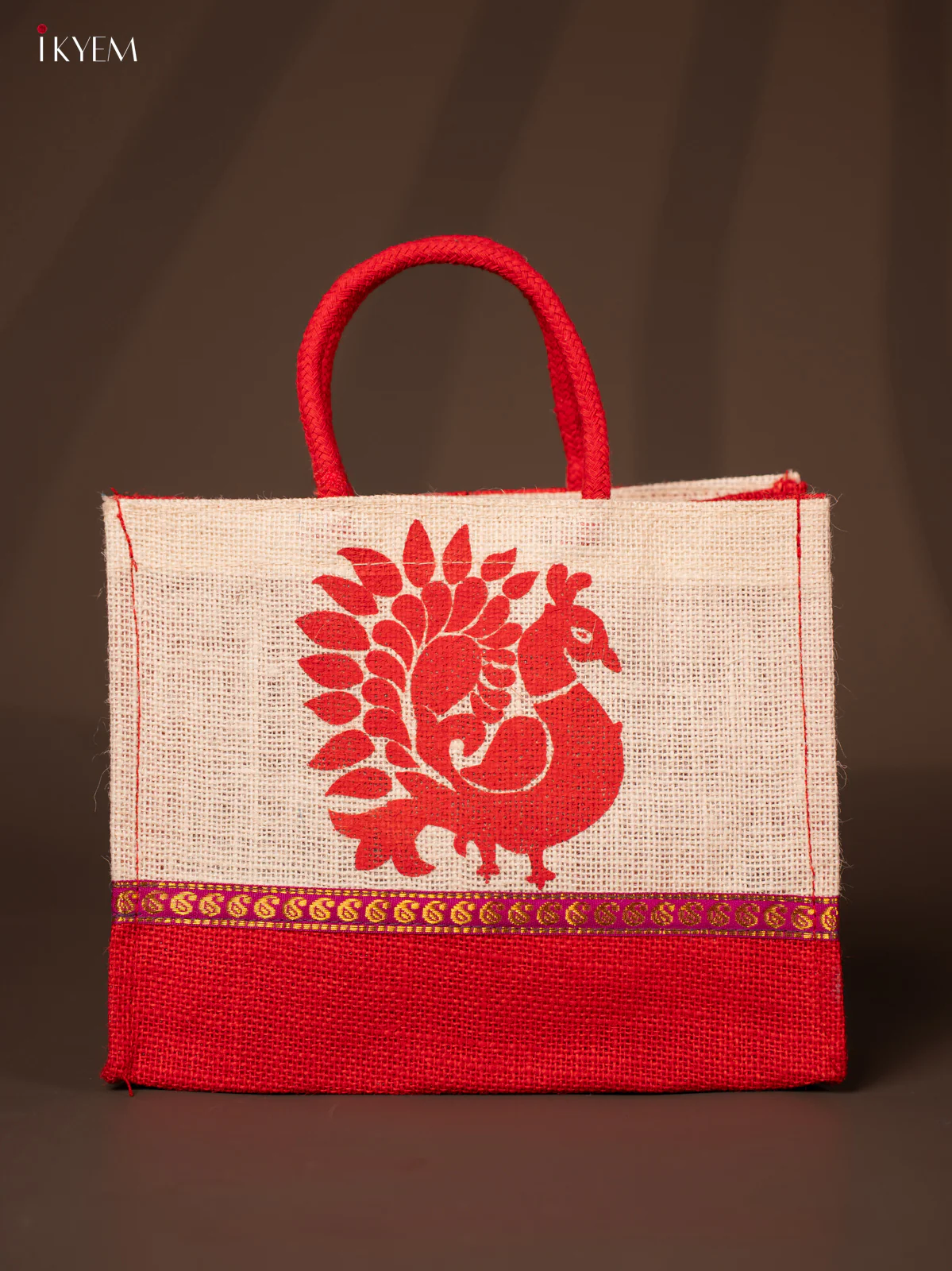 Red Jute Bag With Peacock Print - KD04126
