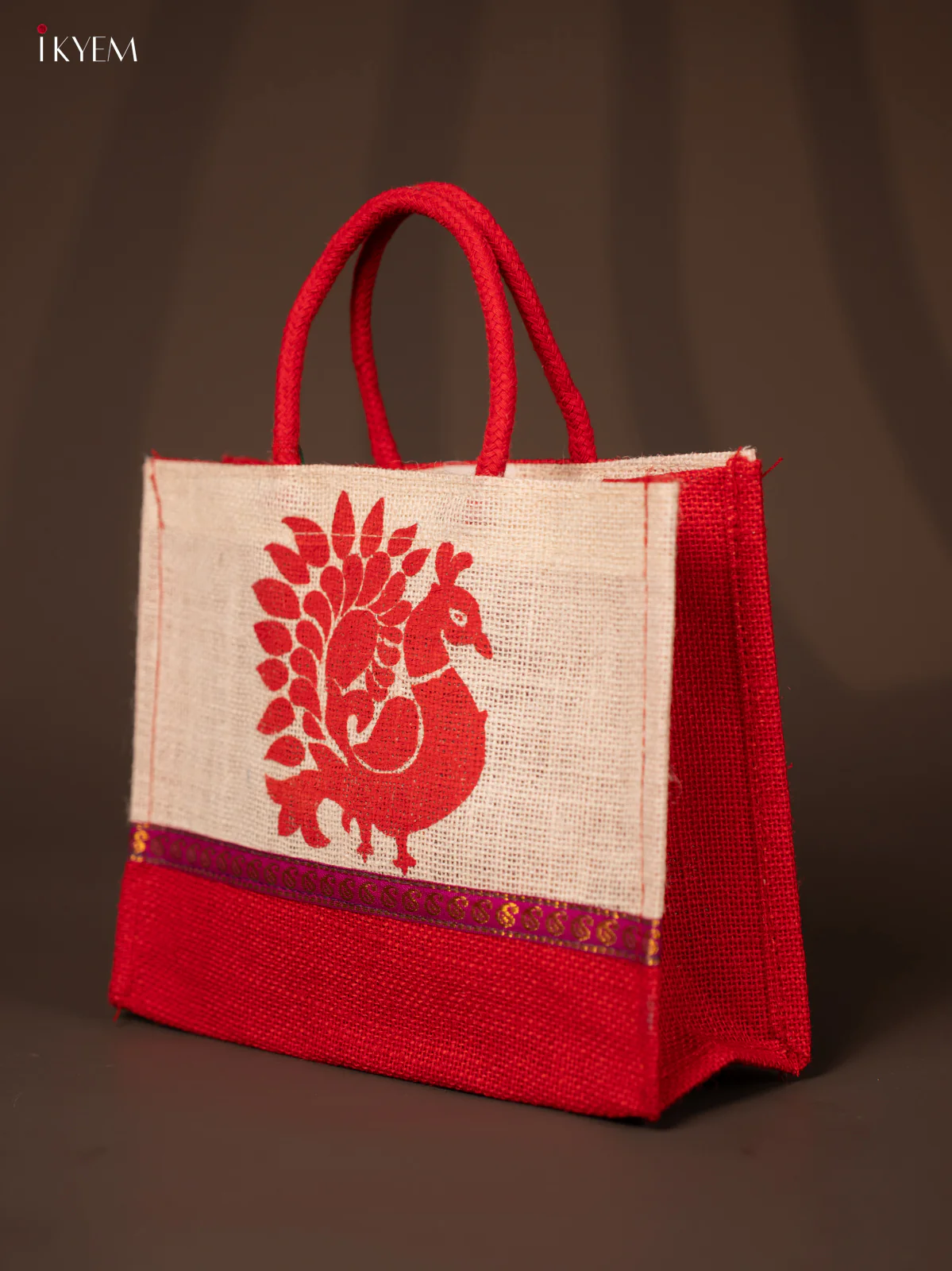 Red Jute Bag With Peacock Print - KD04126 - Image 2