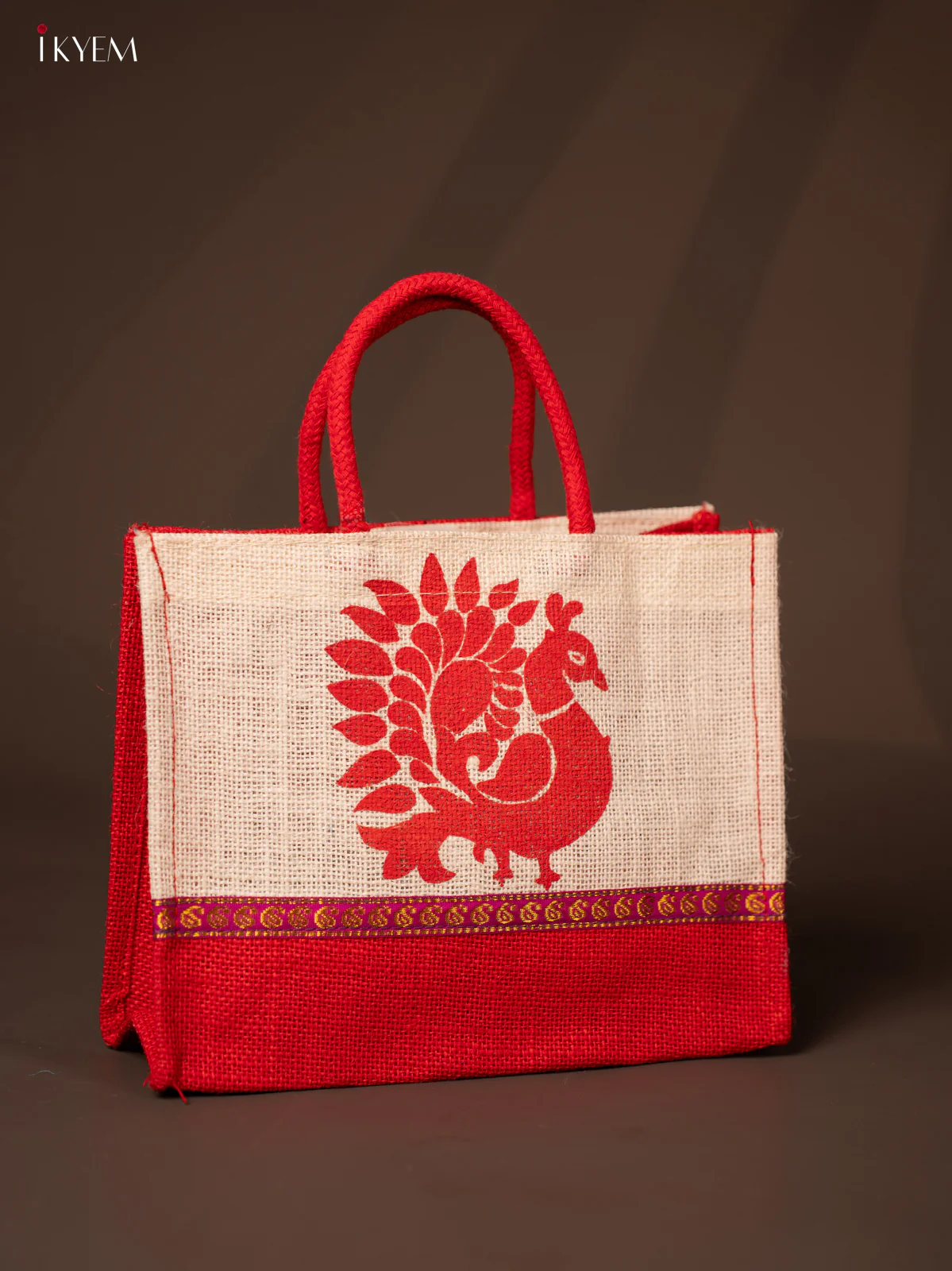Red Jute Bag With Peacock Print - KD04126 - Image 3
