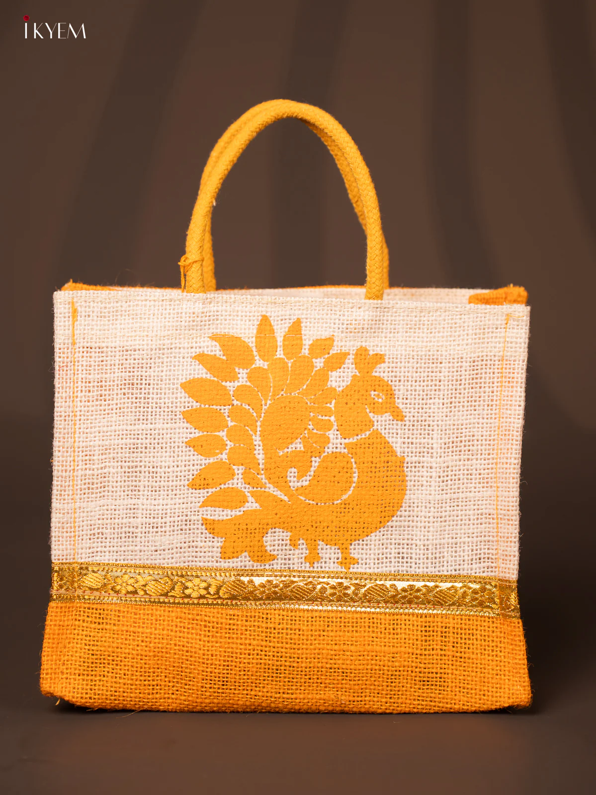 Adorable Beige & Yellow Jute Bag With Peacock Print - KG22112