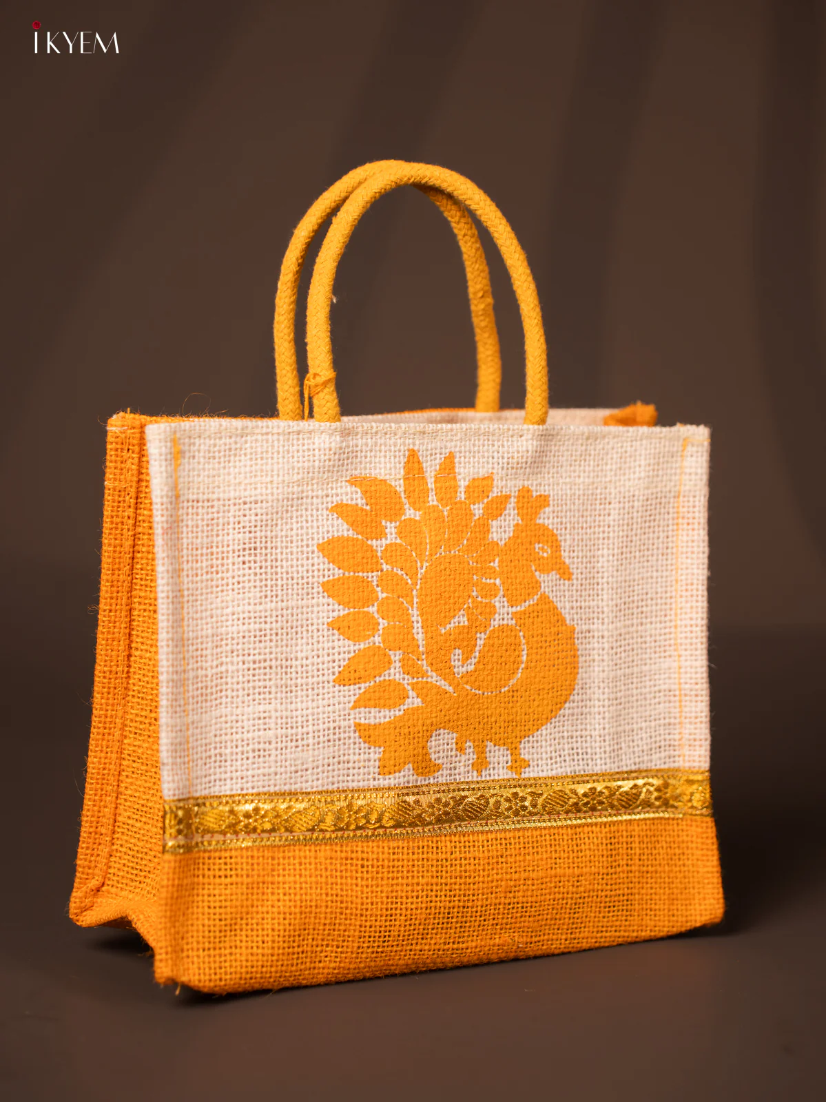 Adorable Beige & Yellow Jute Bag With Peacock Print - KG22112 - Image 2