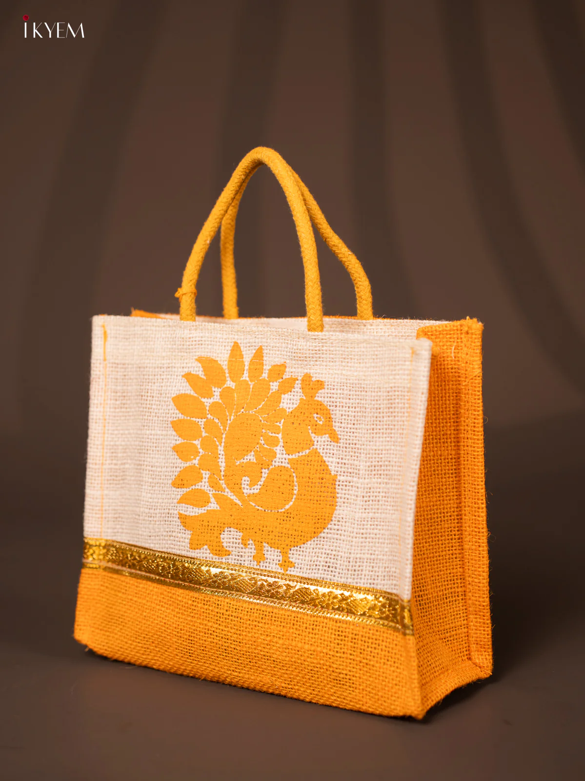 Adorable Beige & Yellow Jute Bag With Peacock Print - KG22112 - Image 3