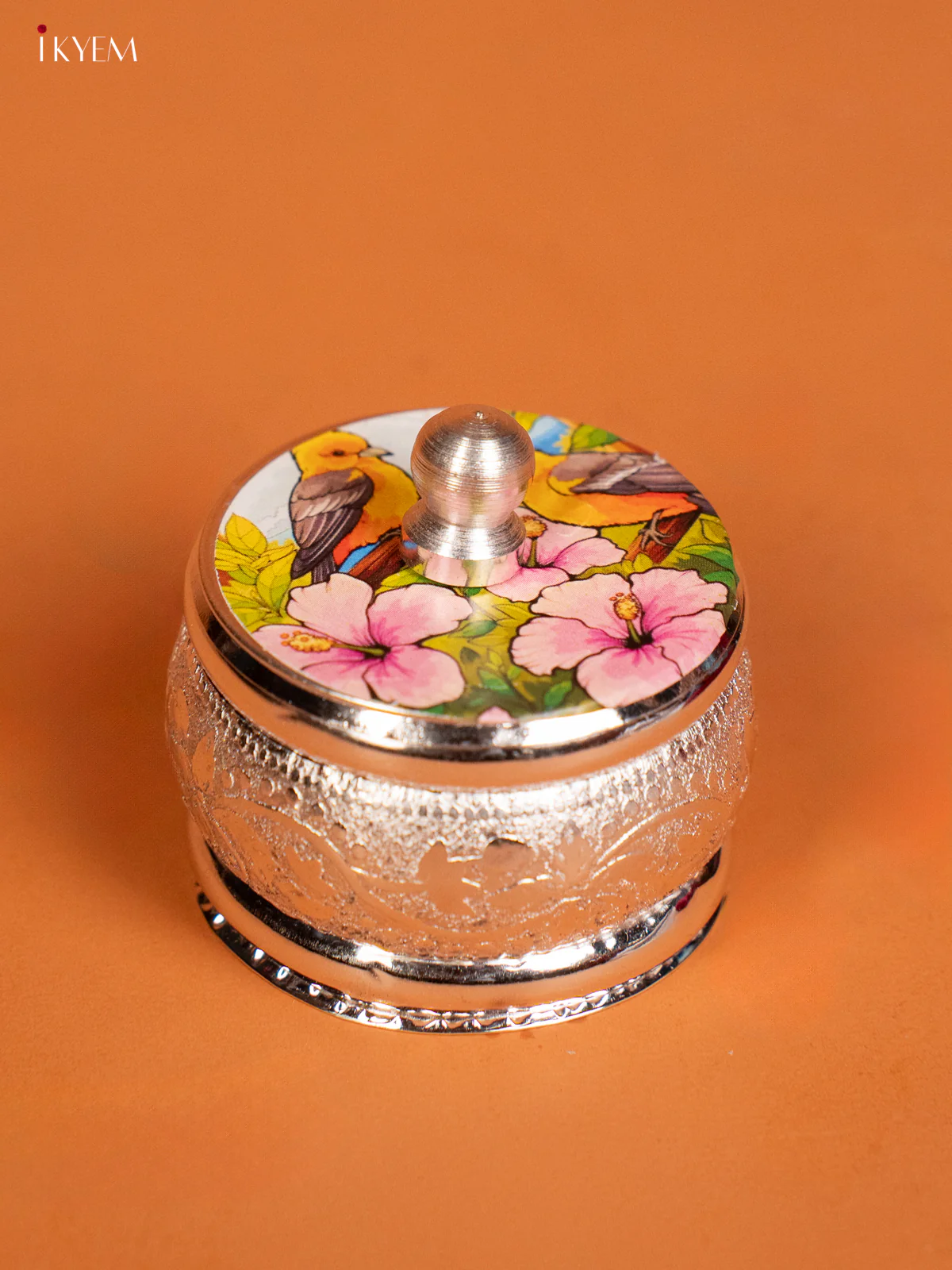 Beautiful Bird Motif Printed German Silver Kumkum Holder - KF10236