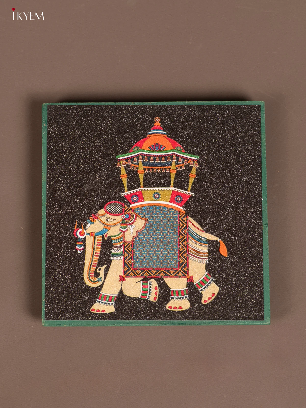 Black Elephant Printed Wooden Manai With Green Border - KE29155