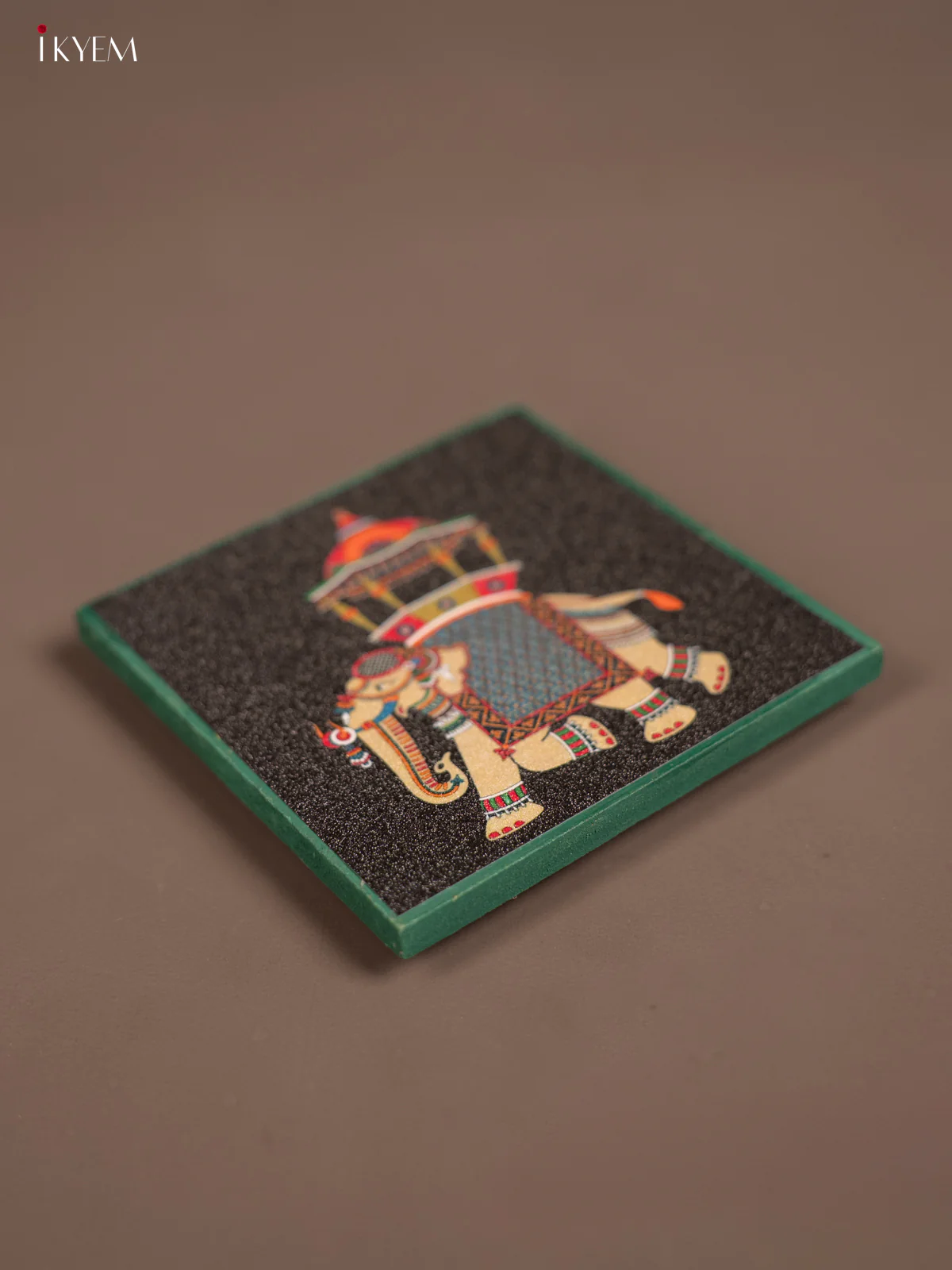 Black Elephant Printed Wooden Manai With Green Border - KE29155 - Image 2