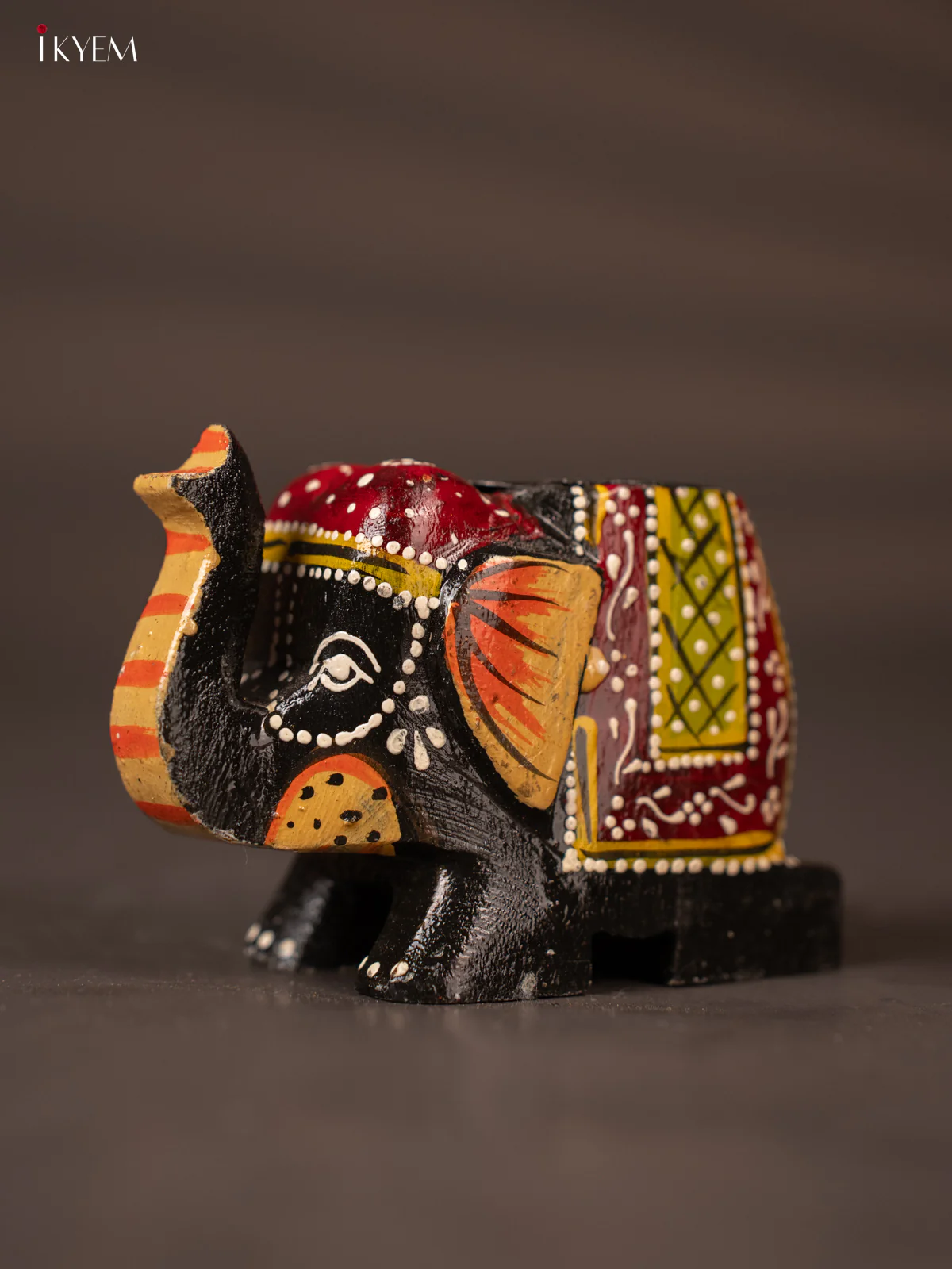 Cute Black & Maroon Hand Painted Wooden Elephant Shaped Candle Holder - KH02117 - Image 3