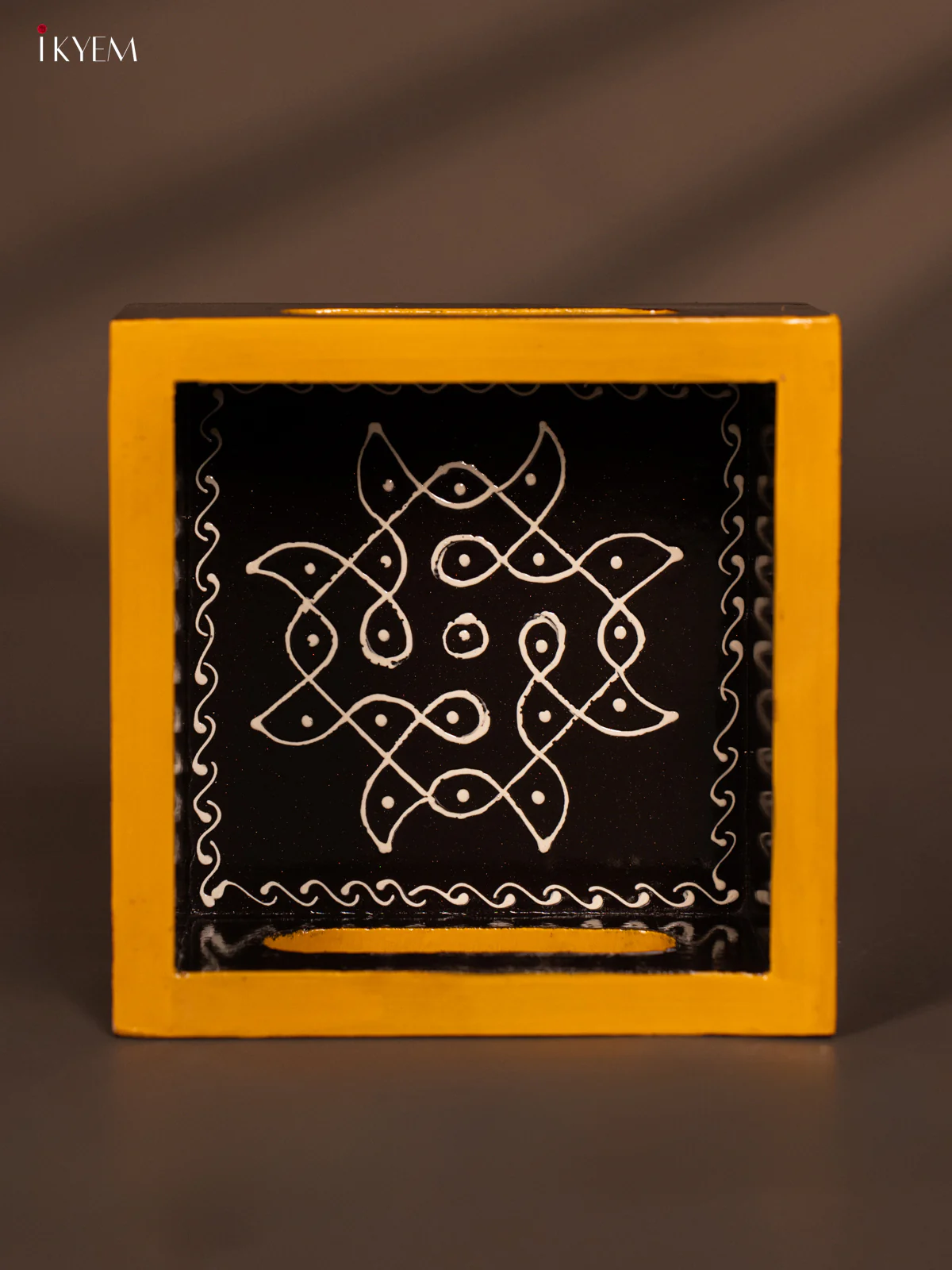 Kolam Hand-Painted Square Wooden Tray - Black - (5x5) Inch - KF11173