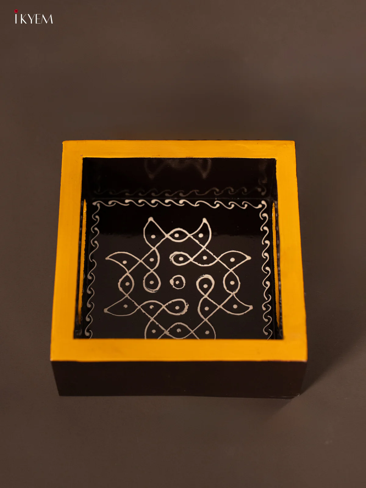 Kolam Hand-Painted Square Wooden Tray - Black - (5x5) Inch - KF11173 - Image 3