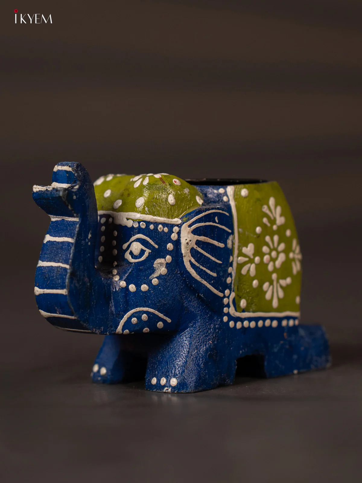 Vivid Blue & Green Hand Painted Wooden Elephant Shaped Candle Holder - KH02119