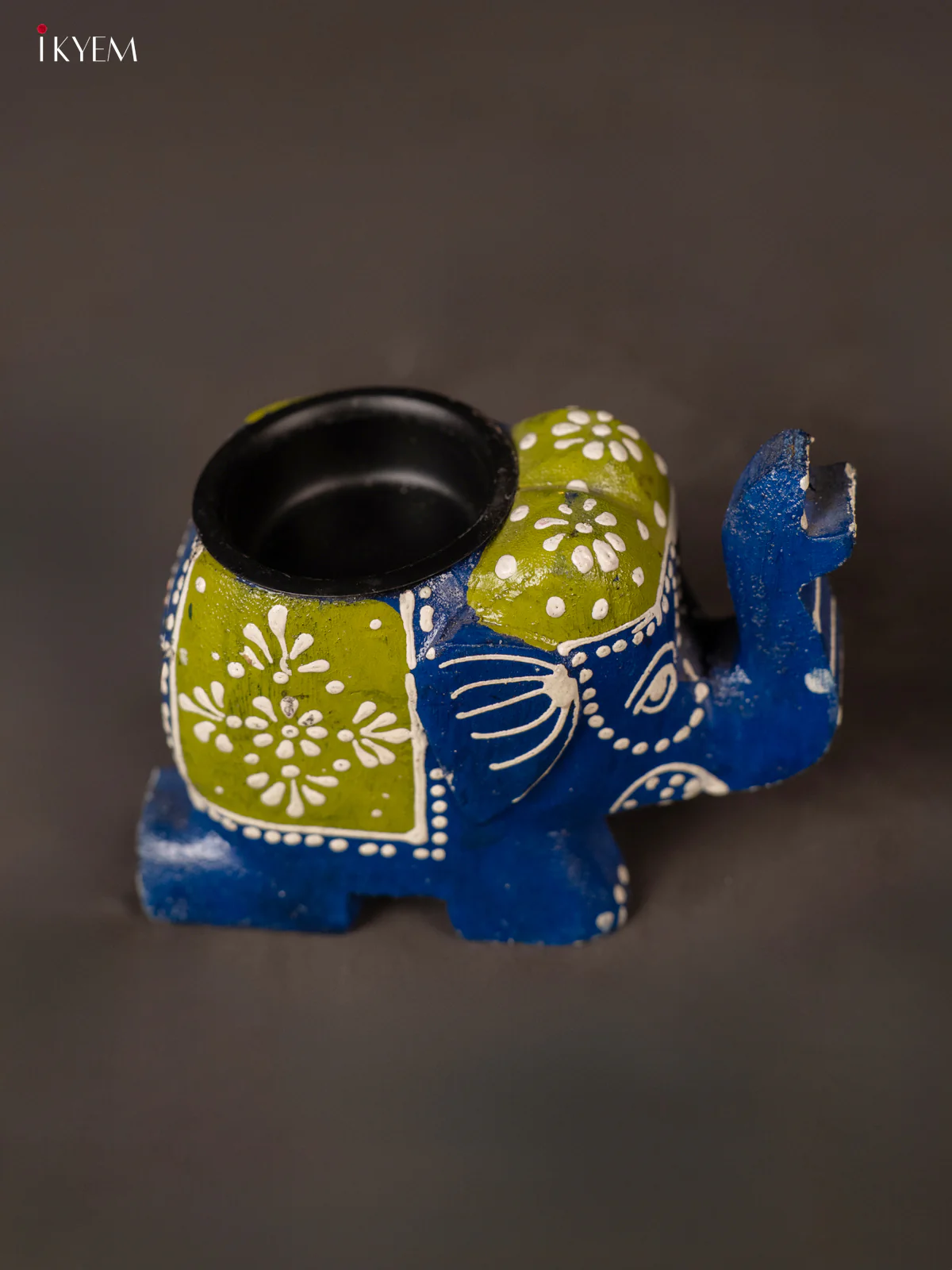 Vivid Blue & Green Hand Painted Wooden Elephant Shaped Candle Holder - KH02119 - Image 2