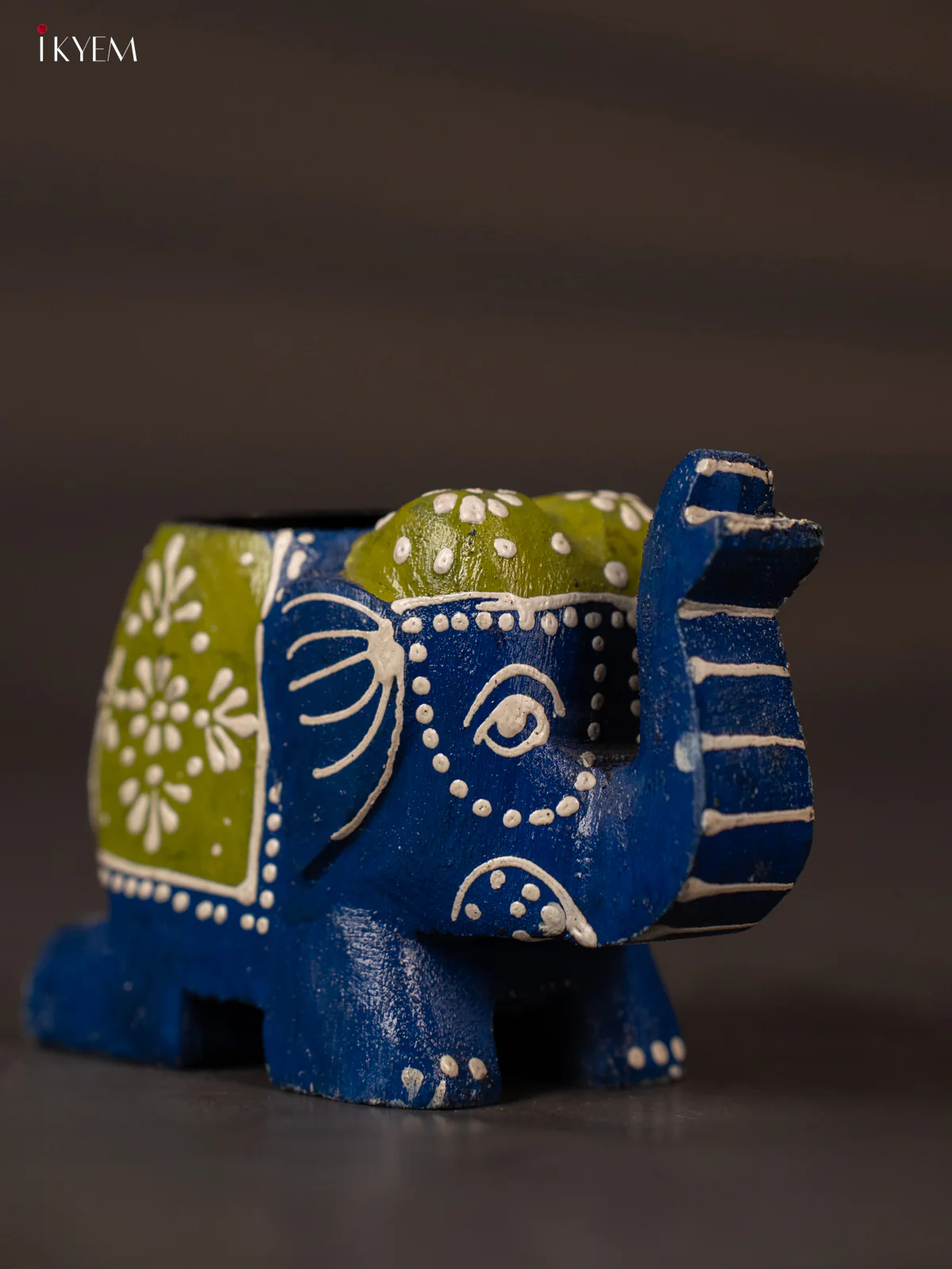 Vivid Blue & Green Hand Painted Wooden Elephant Shaped Candle Holder - KH02119 - Image 3