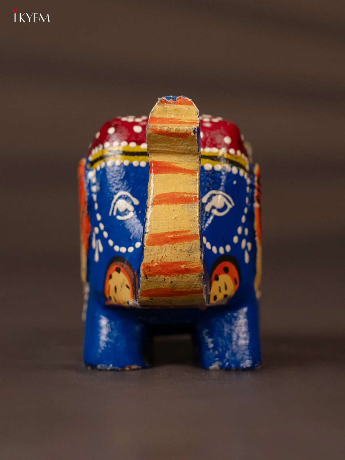 Vibrant Blue & Marron Hand Painted Wooden Elephant Shaped Candle Holder - KH02122